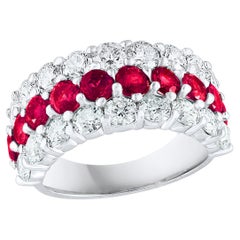 1.80 Ct Round Shape Ruby and Diamond Three Row Band Ring in 14K White Gold (Bague à trois rangs en or blanc 14K)