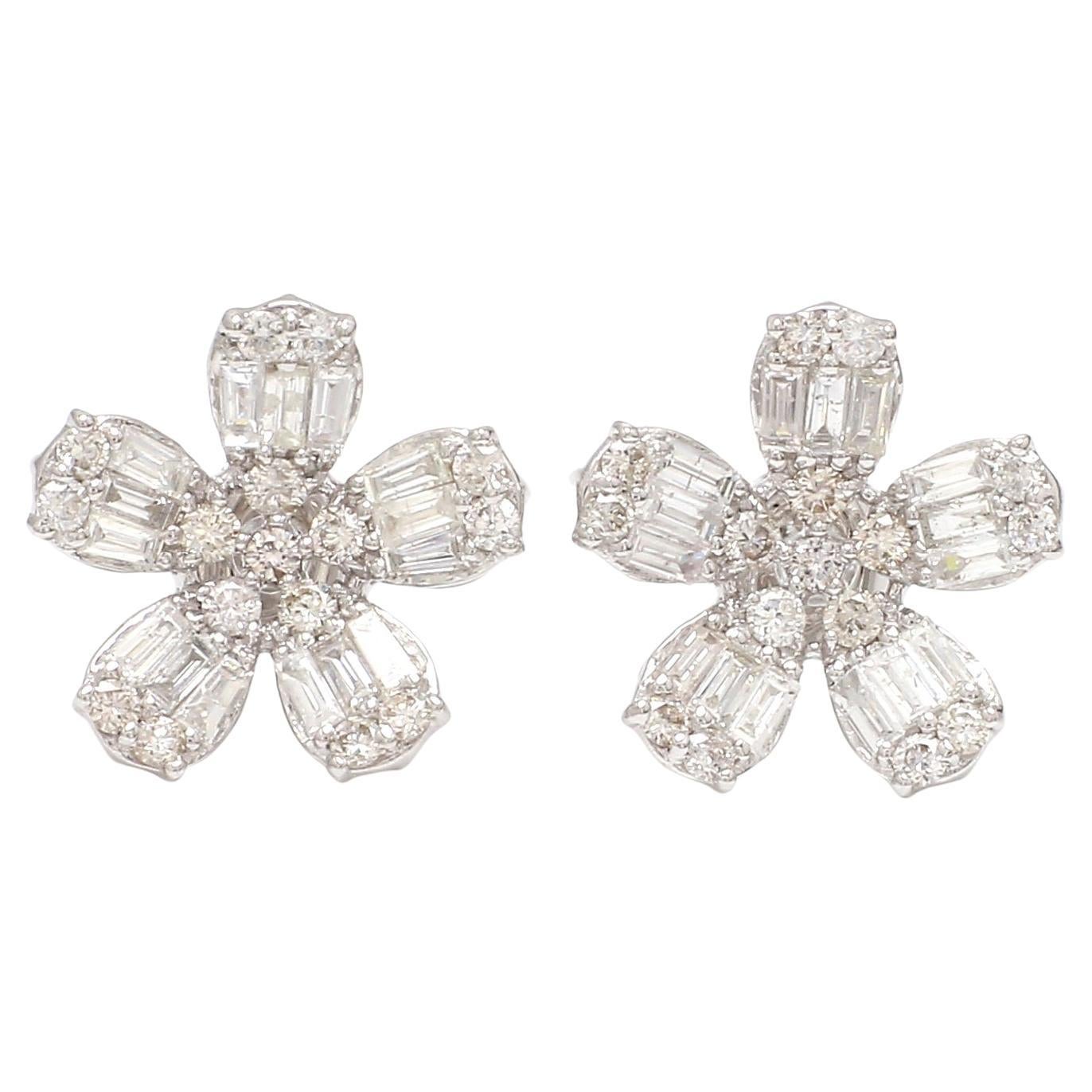 1.80 Ct SI Clarity HI Color Baguette Diamond Flower Stud Earrings 14k White Gold For Sale