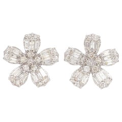 1.80 Ct SI Clarity HI Color Baguette Diamond Flower Stud Earrings 14k White Gold