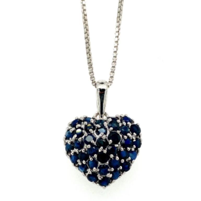 Round Cut 1.80 CTW Deep Blue Sapphire Heart Pendant Necklace in .925 Sterling Silver For Sale