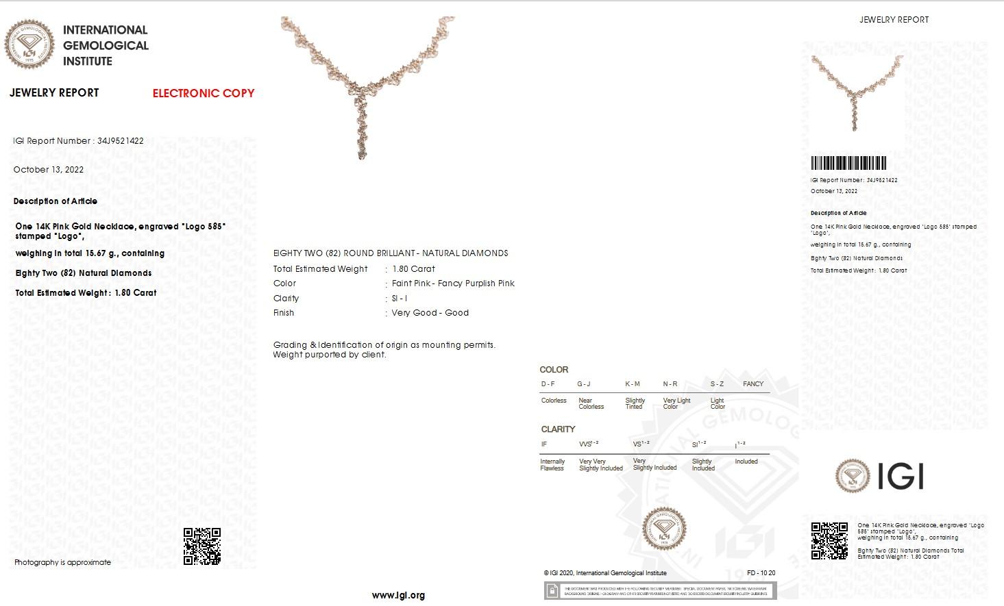 NO RESERVE IGI Certified 1.80ct Round Fancy Pink Diamond Necklace 14K Rose Gold In New Condition For Sale In Ramat Gan, IL