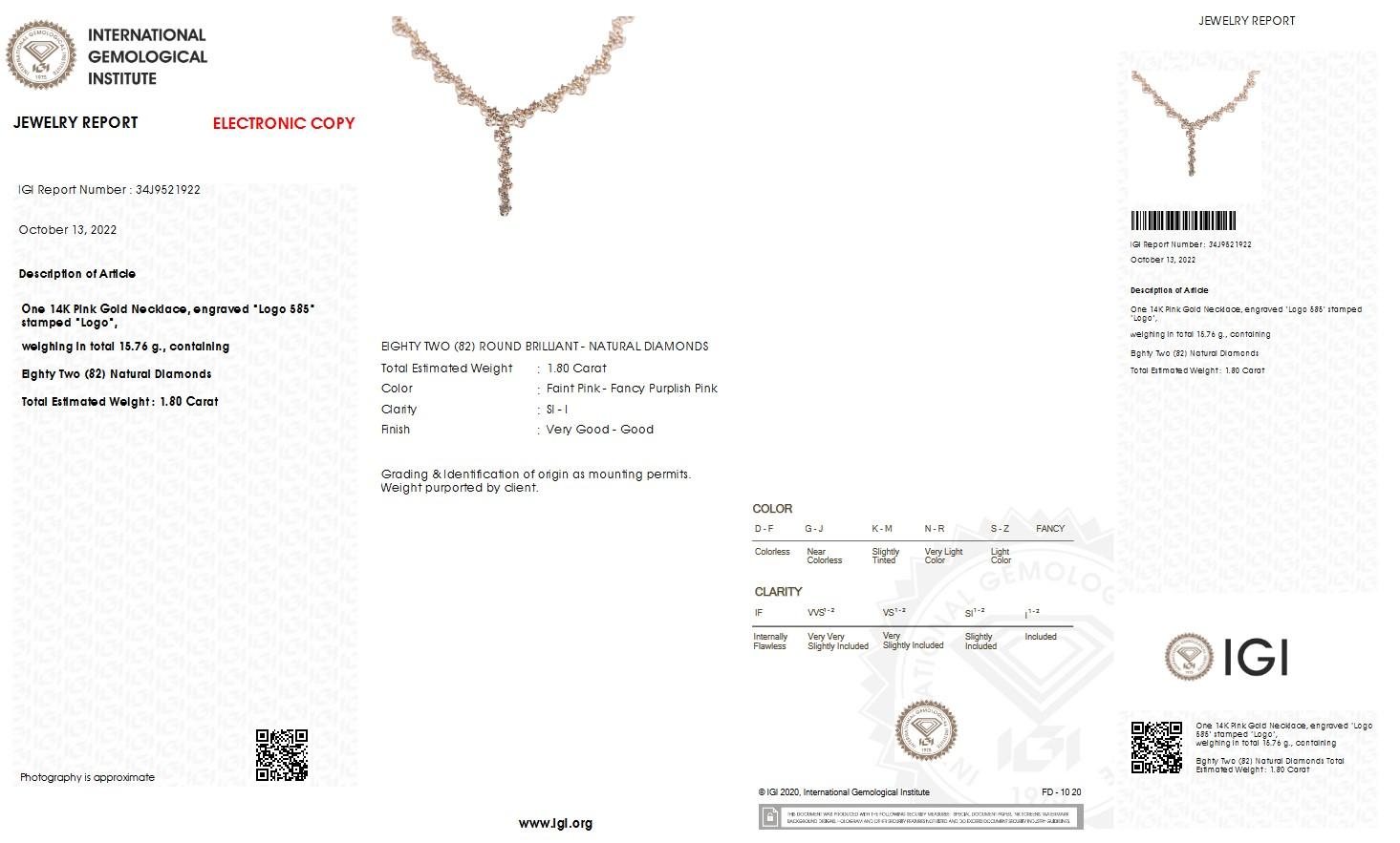 Women's NO RESERVE PRICE IGI Certified 1.80 Natural Pink Diamond Necklace 14K Rose Gold