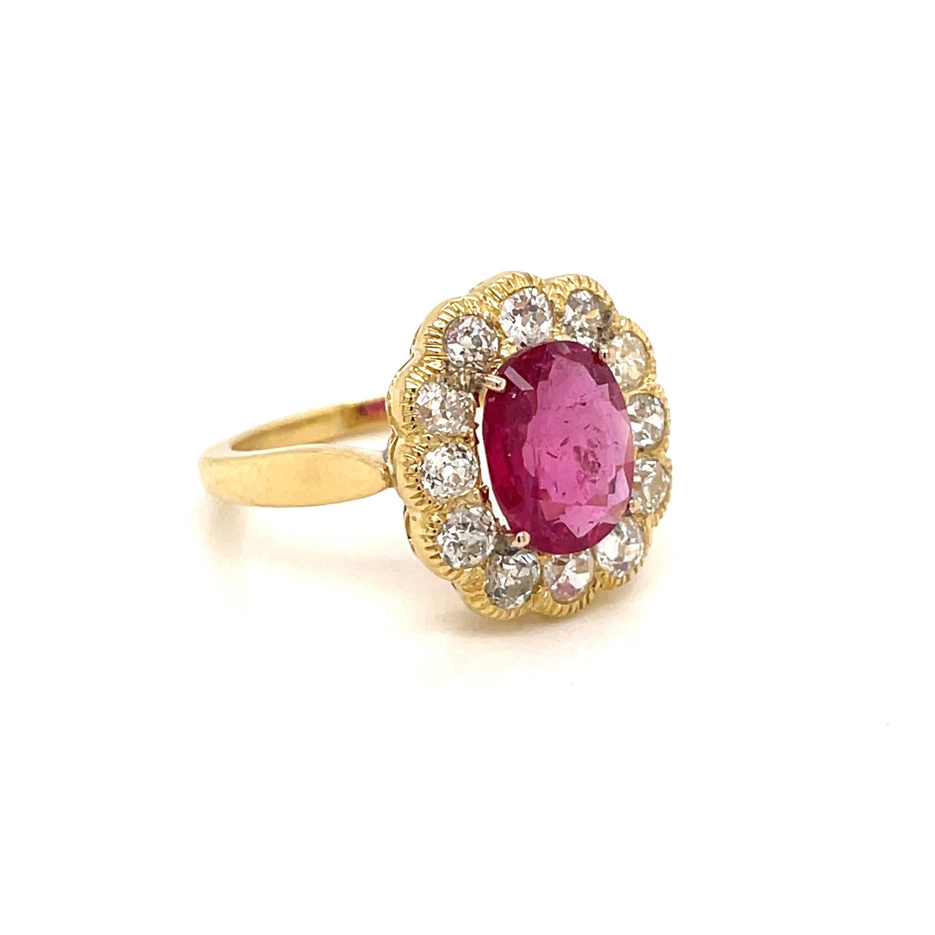 Oval Cut 1800 2.50 Carat Ruby Diamond Gold Cluster Ring For Sale