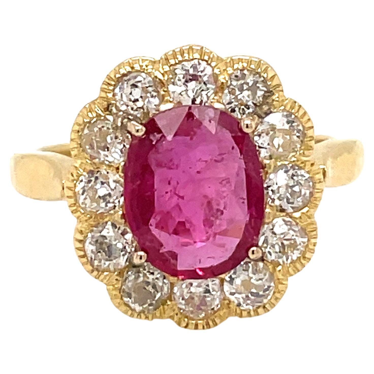 1800 2.50 Carat Ruby Diamond Gold Cluster Ring For Sale