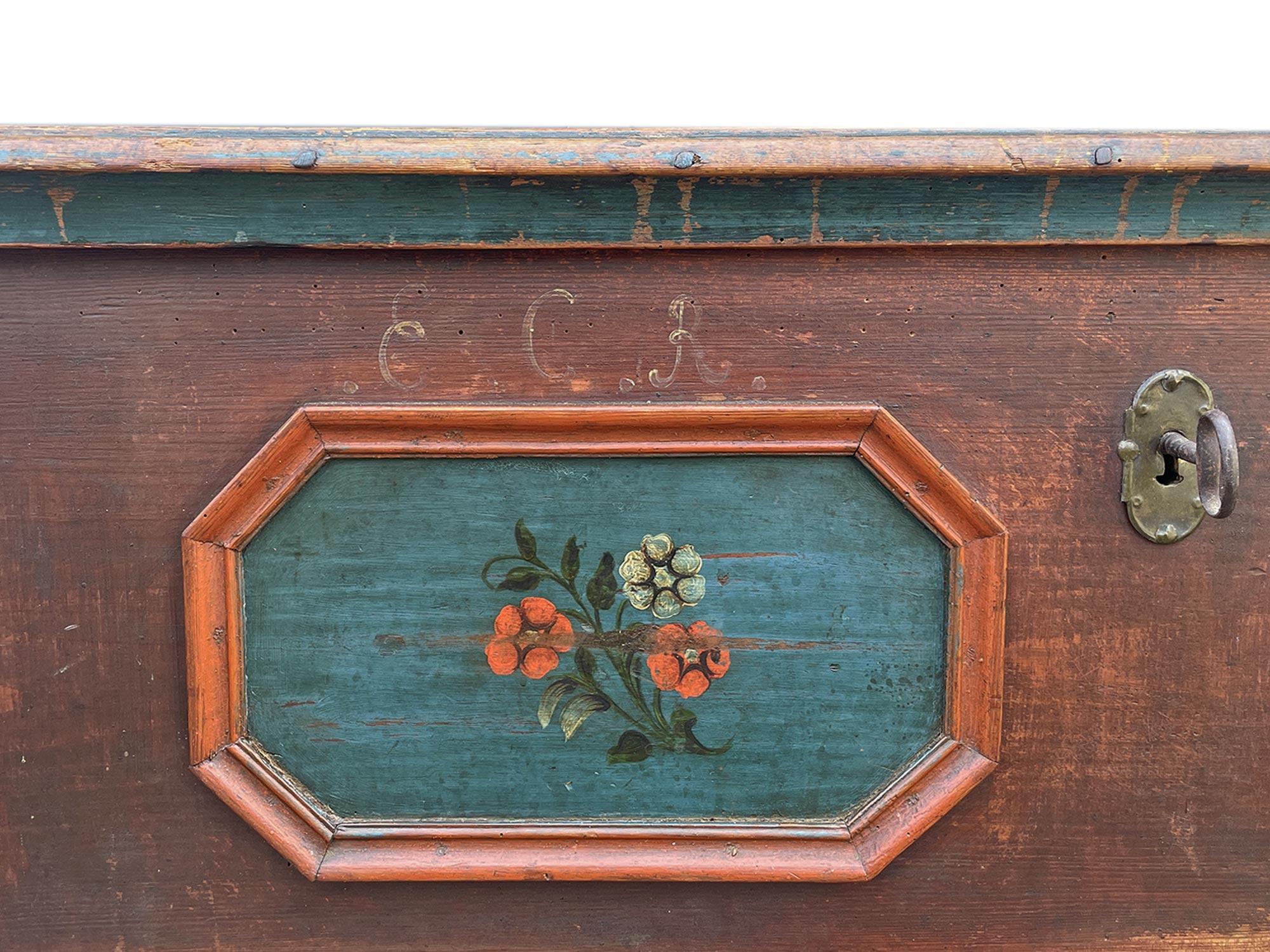 1800 Alpine Dark Red Floral Painted Blanket Chest For Sale 2