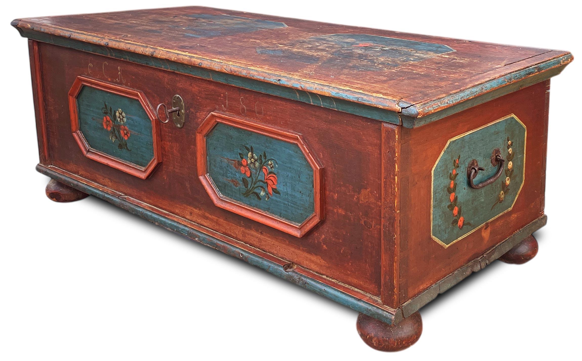 1800 Alpine Dark Red Floral Painted Blanket Chest For Sale 6