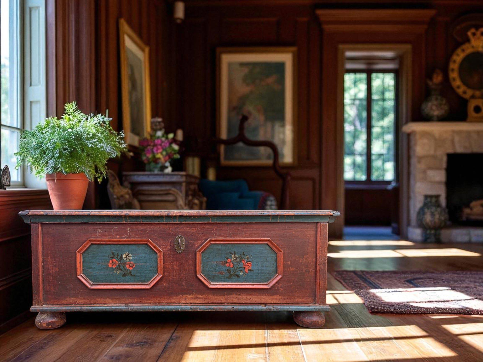 Antique Hand-Painted Chest with Flowers, dated 1800

Technical information:
Period: 1800
Origin: Alps (Tyrol)
Wood: Fir

Height: 48 cm  18.9 in
Width: 130 cm  51.2 in
Depth: 61 cm  24 in

Description:
This antique solid fir chest, dated 1800 and
