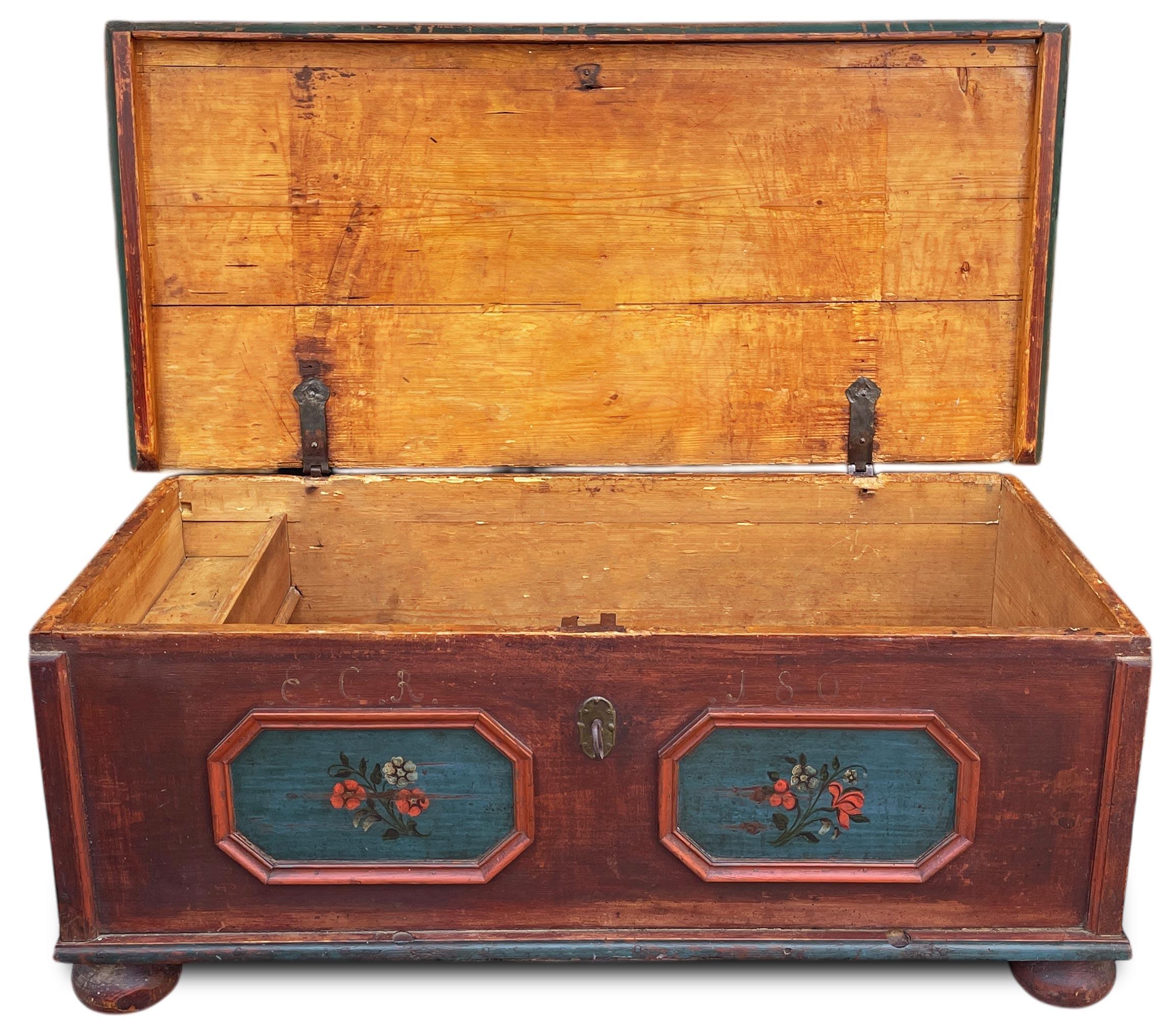 Hand-Painted 1800 Alpine Dark Red Floral Painted Blanket Chest For Sale