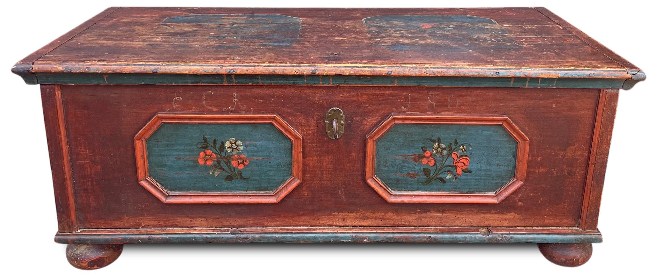 Early 19th Century 1800 Alpine Dark Red Floral Painted Blanket Chest For Sale