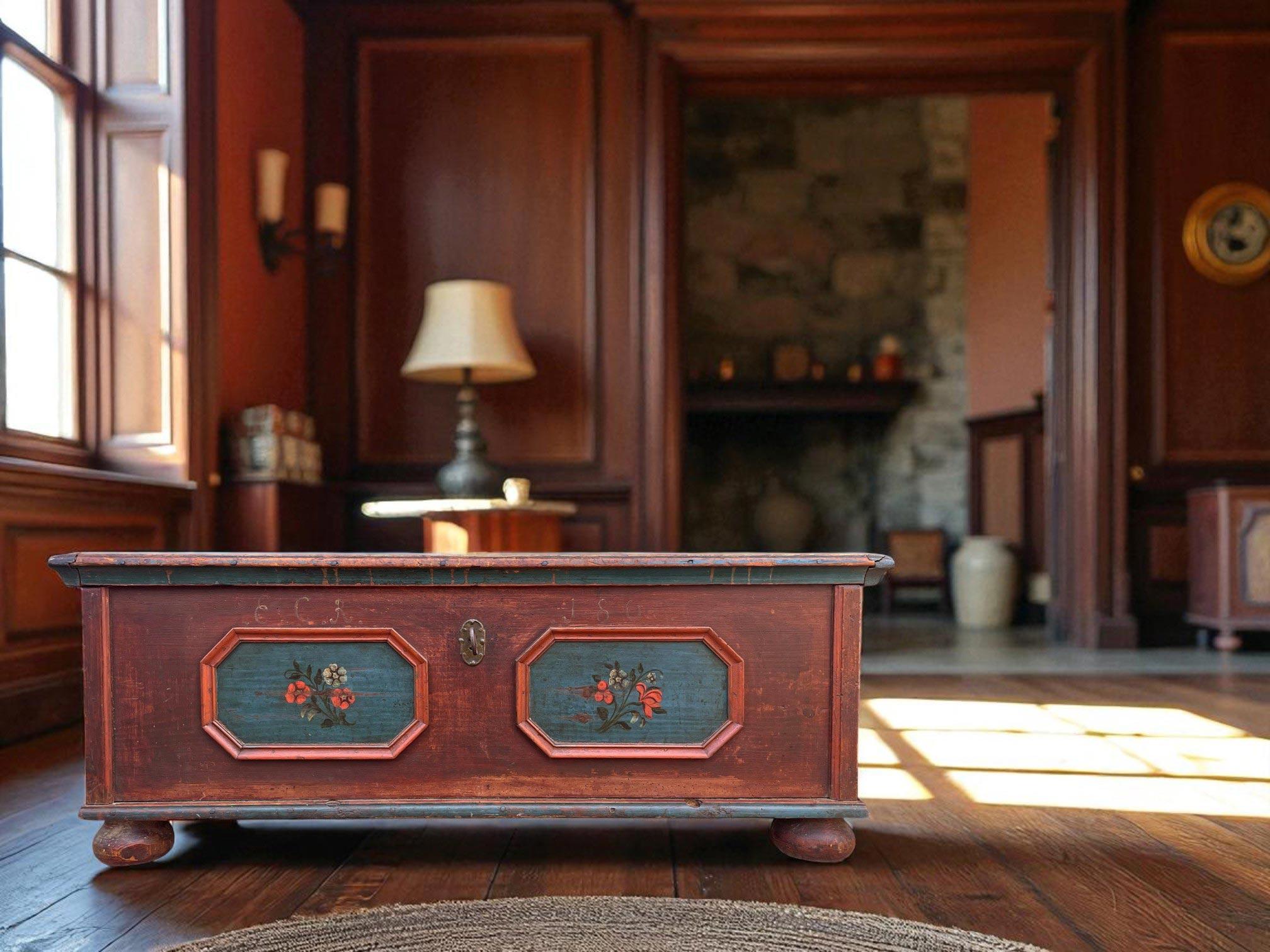 Fir 1800 Alpine Dark Red Floral Painted Blanket Chest For Sale
