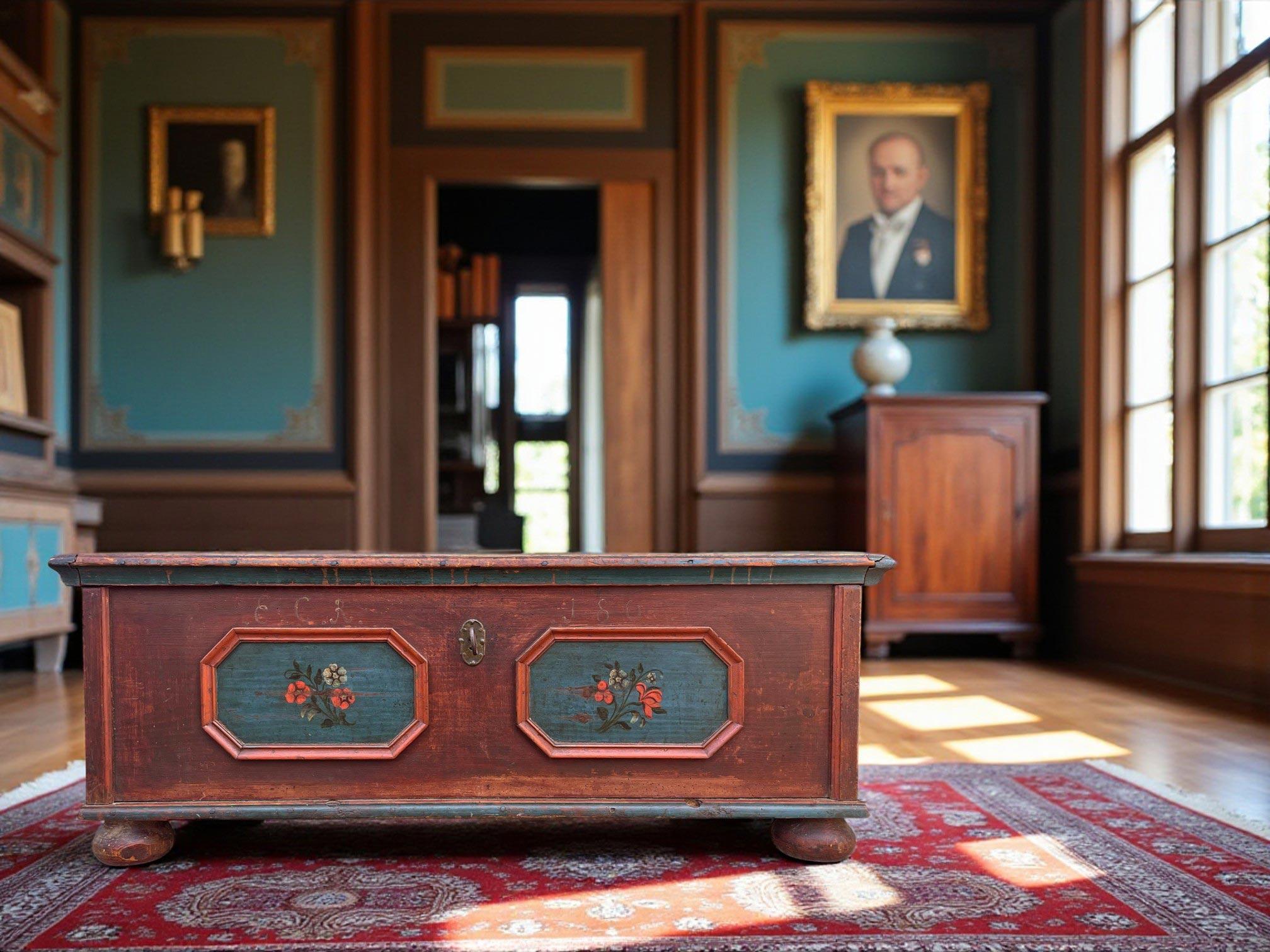 1800 Alpine Dark Red Floral Painted Blanket Chest For Sale 1