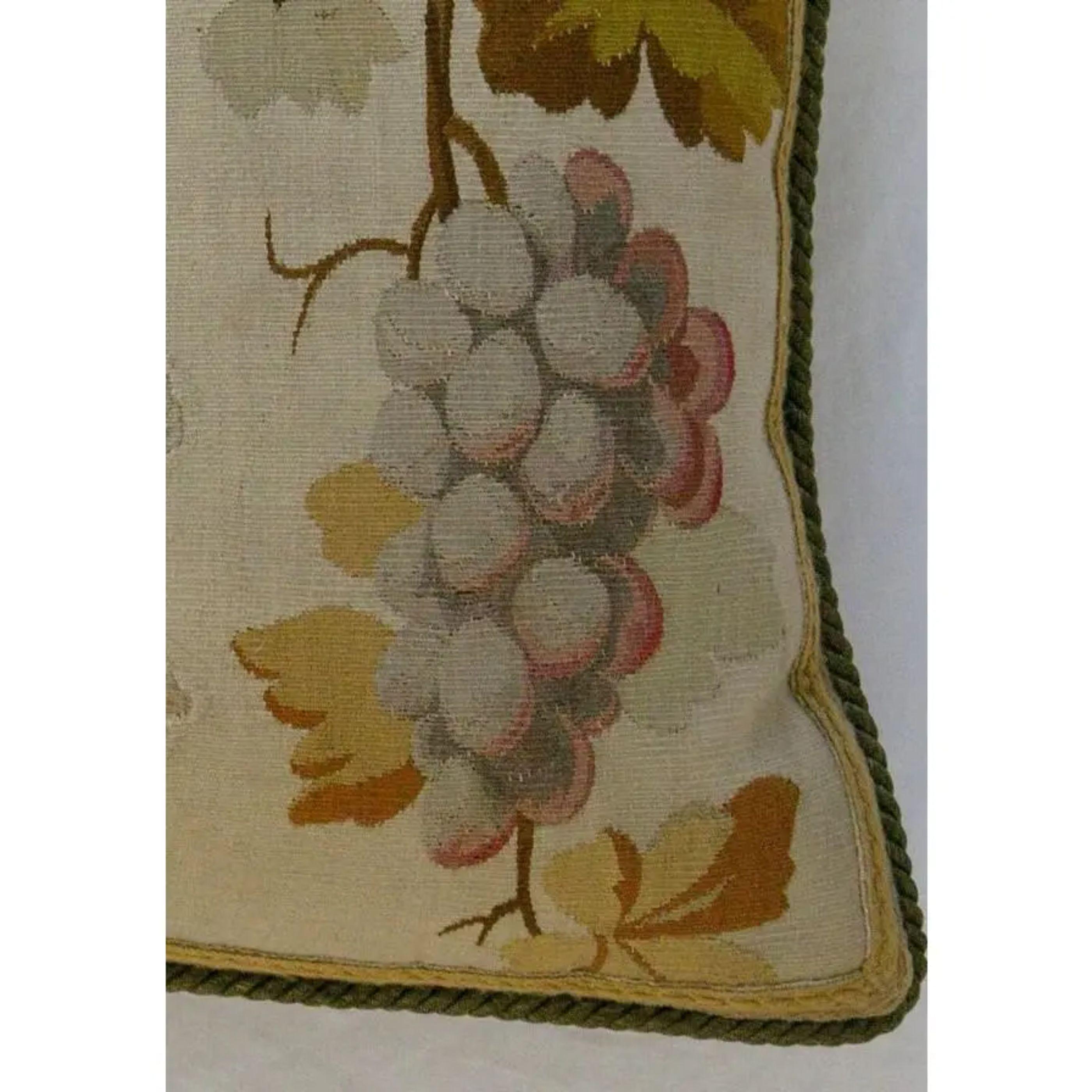 Ca.1800 antique French Aubusson tapestry pillow with grapes on ivory background 20'' x 15''. Features needlework. Handmade.