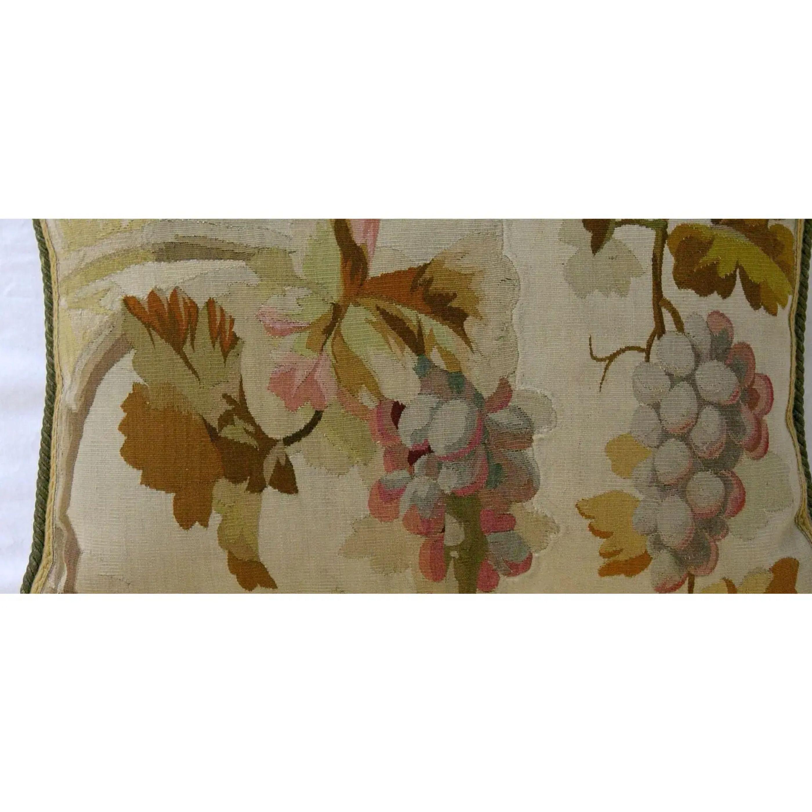 Empire 1800 Antique French Aubusson Tapestry Pillow With Grapes on Ivory Background - 2 For Sale
