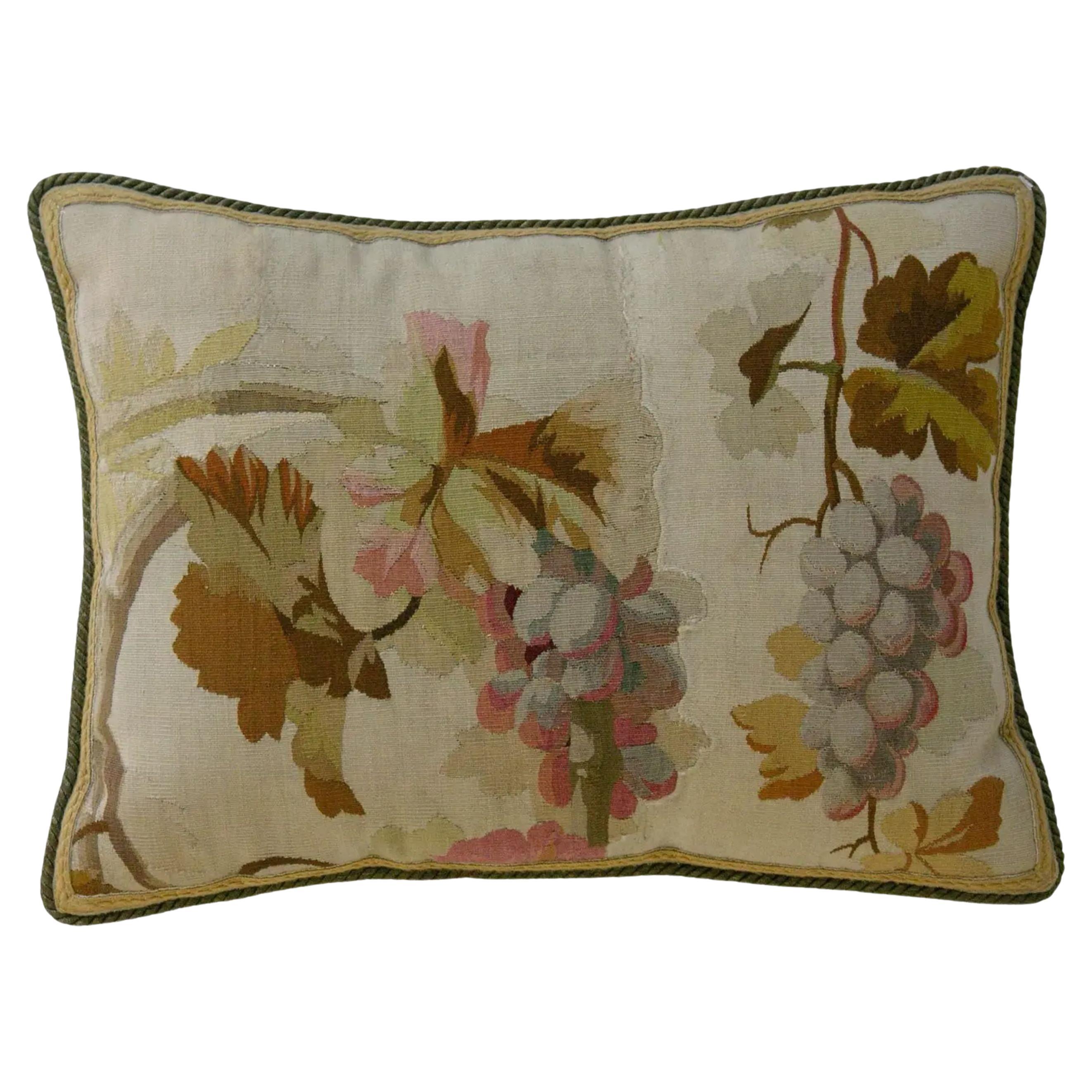 1800 Antique French Aubusson Tapestry Pillow With Grapes on Ivory Background - 2