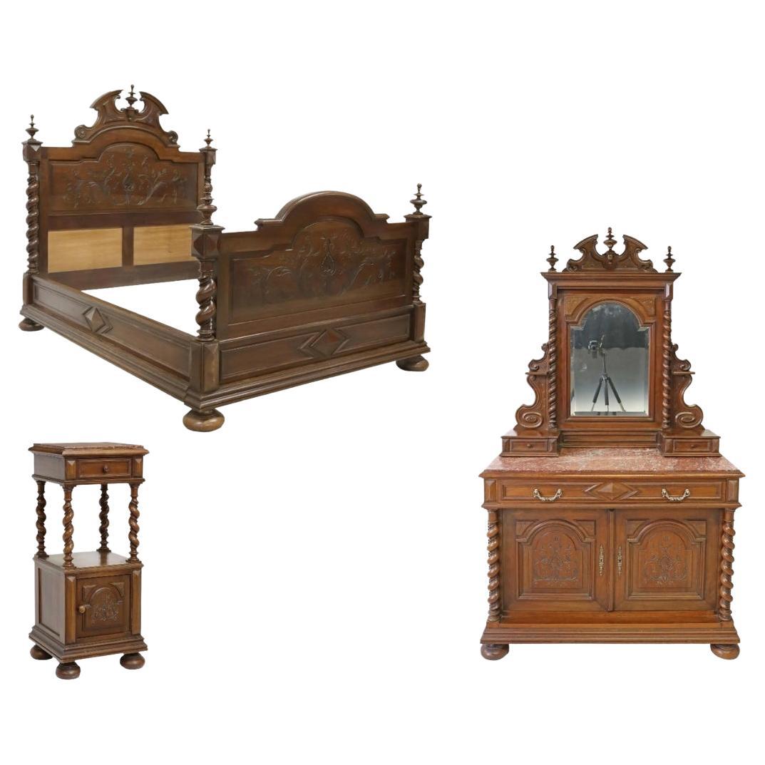 Monumental Antique Victorian Eastlake Walnut Burlwood Bedroom Set