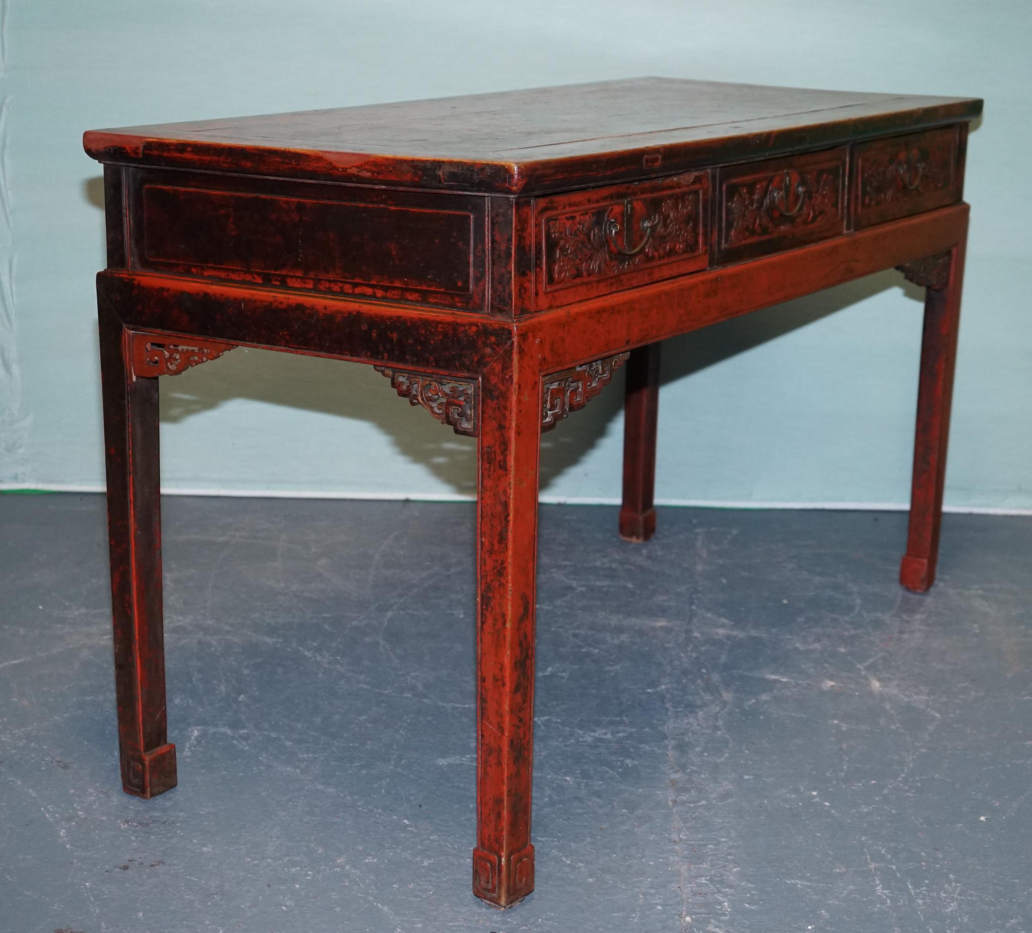 1800 ANTiQUE QING DYNASTY LACQUERED ORIENTAL CHINESE CONSOLE TABLE CARVED FLORAL For Sale 3