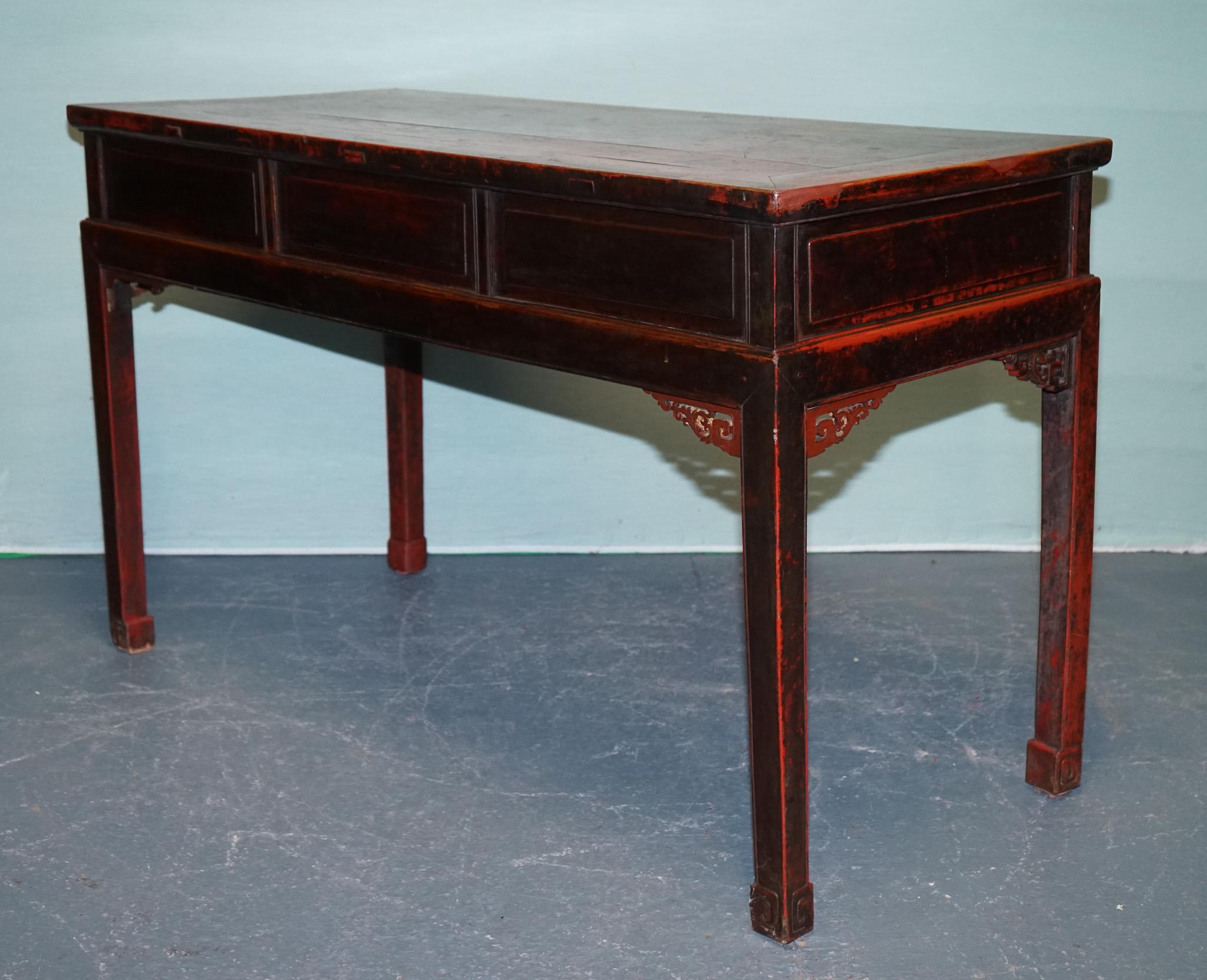 1800 ANTiQUE QING DYNASTY LACQUERED ORIENTAL CHINESE CONSOLE TABLE CARVED FLORAL For Sale 4