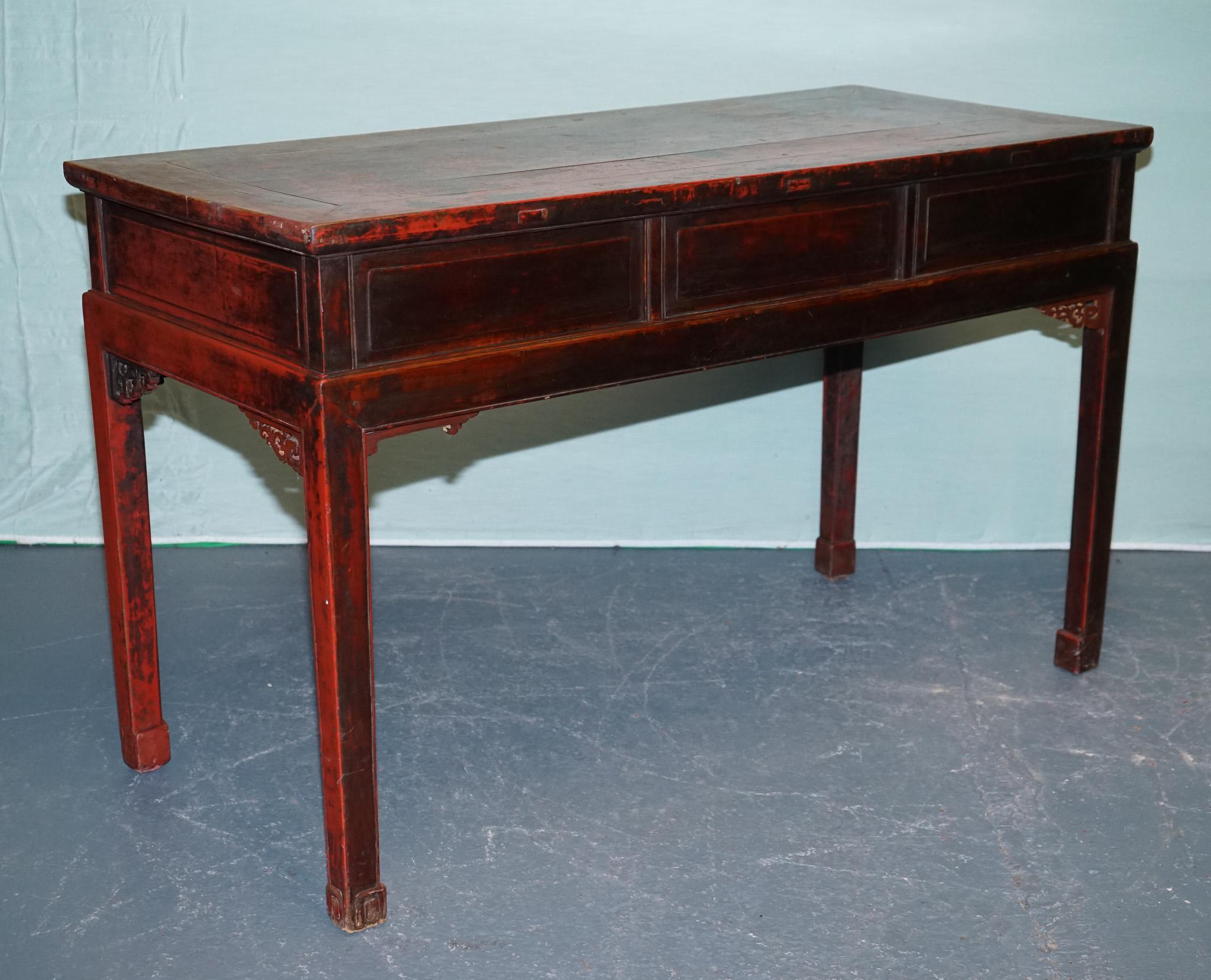 1800 ANTiQUE QING DYNASTY LACQUERED ORIENTAL CHINESE CONSOLE TABLE CARVED FLORAL For Sale 5