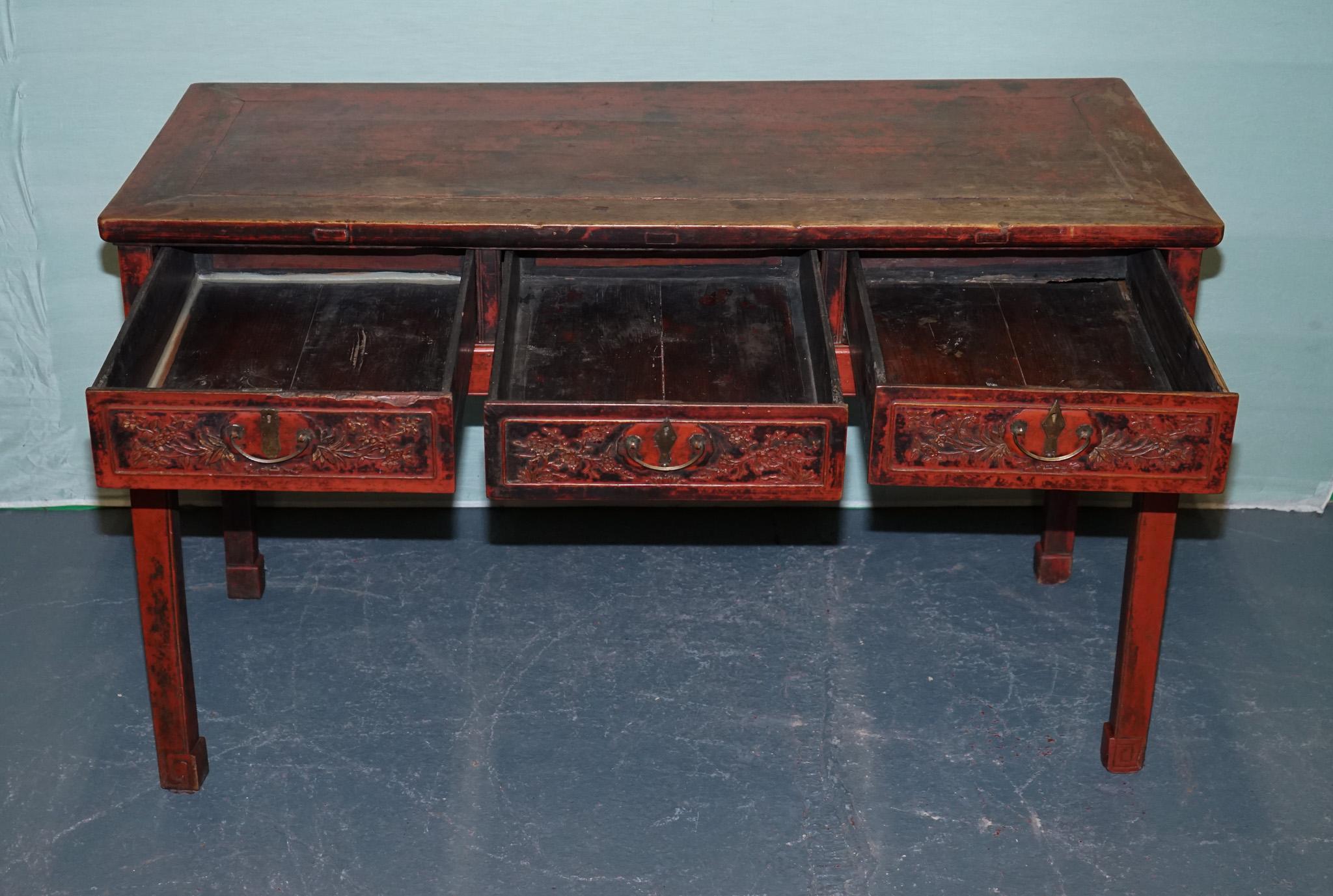 19th Century 1800 ANTiQUE QING DYNASTY LACQUERED ORIENTAL CHINESE CONSOLE TABLE CARVED FLORAL For Sale