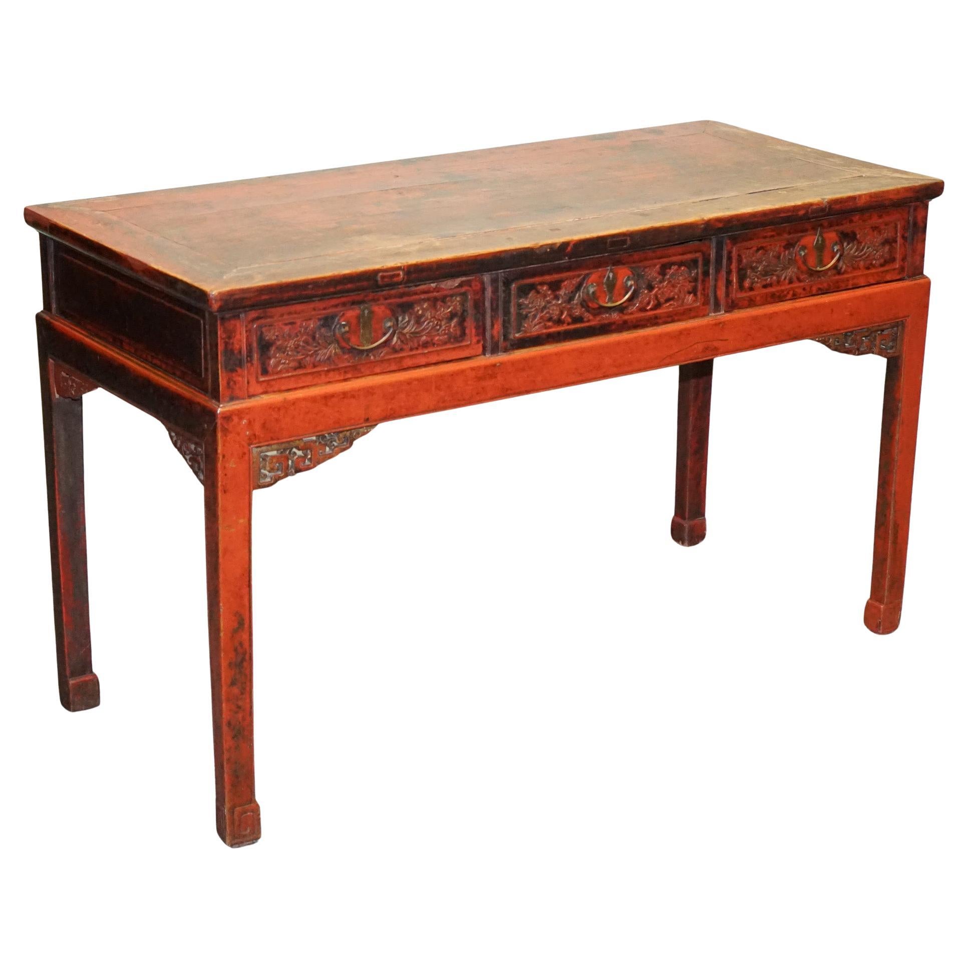 1800 ANTiQUE QING DYNASTY LACQUERED ORIENTAL CHINESE CONSOLE TABLE CARVED FLORAL For Sale