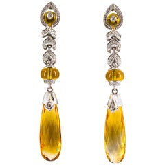 18.00 Carat Citrine 0.30 Carat White Diamond White Gold Drop Stud Earrings