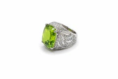 18.00 Carat Cushion Cut Burmese Peridot and Diamond Flame Design Ring