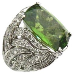 18.00 Carat Cushion Cut Burmese Peridot and Diamond Flame Design Ring