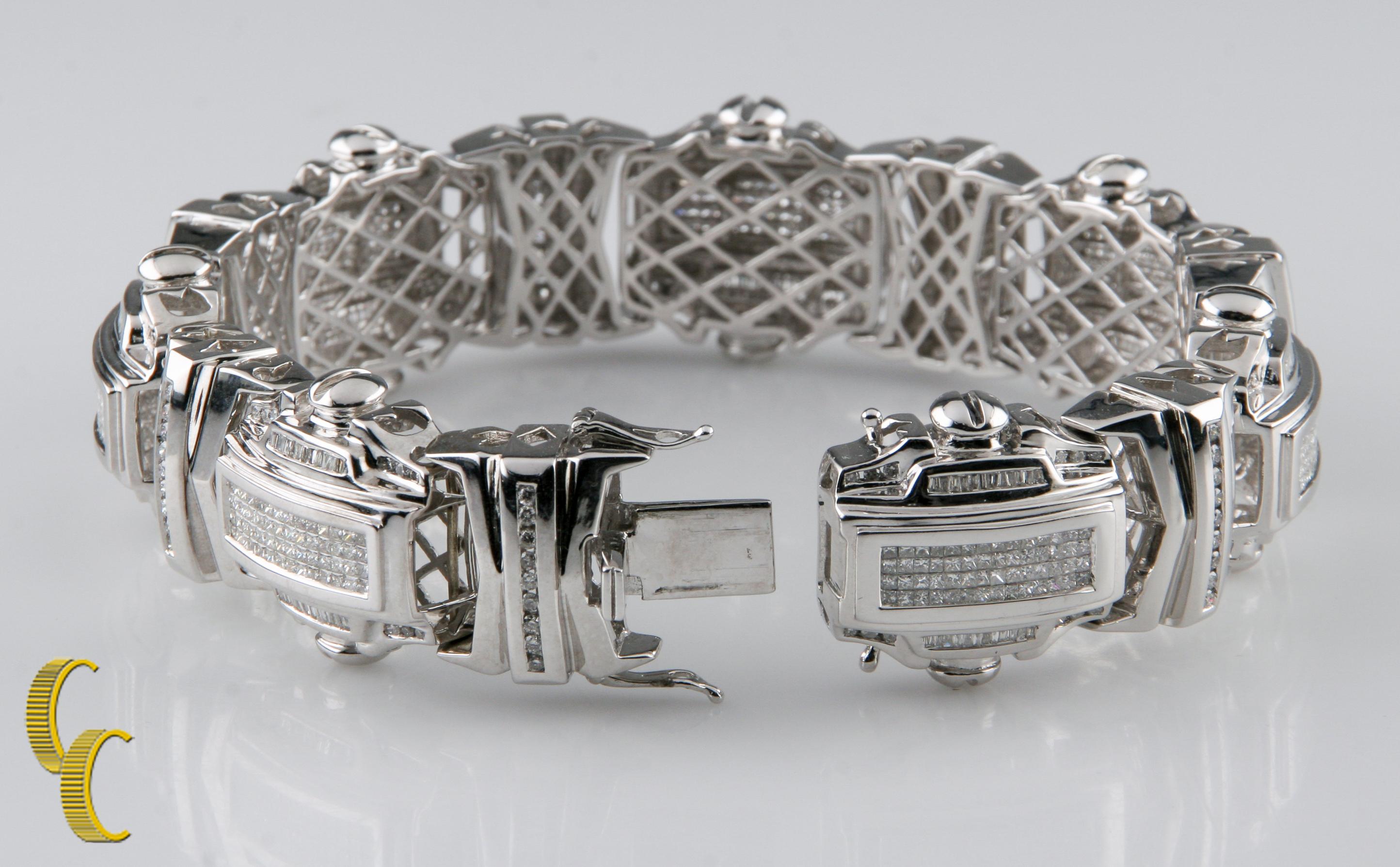 Gorgeous Large 14k White Gold Plaque Bracelet Featuring Articulating Diamond-Set Plaques and Links
Each Plaque and Link is Set in a Large Gallery with Delicate Wire Work on Reverse
Large Plaques Feature Invisible-Set Princess Cut Diamonds, Channel