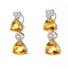 18.00 Carat Yellow Citrine Diamond Gold Dangle Clip Post Earrings