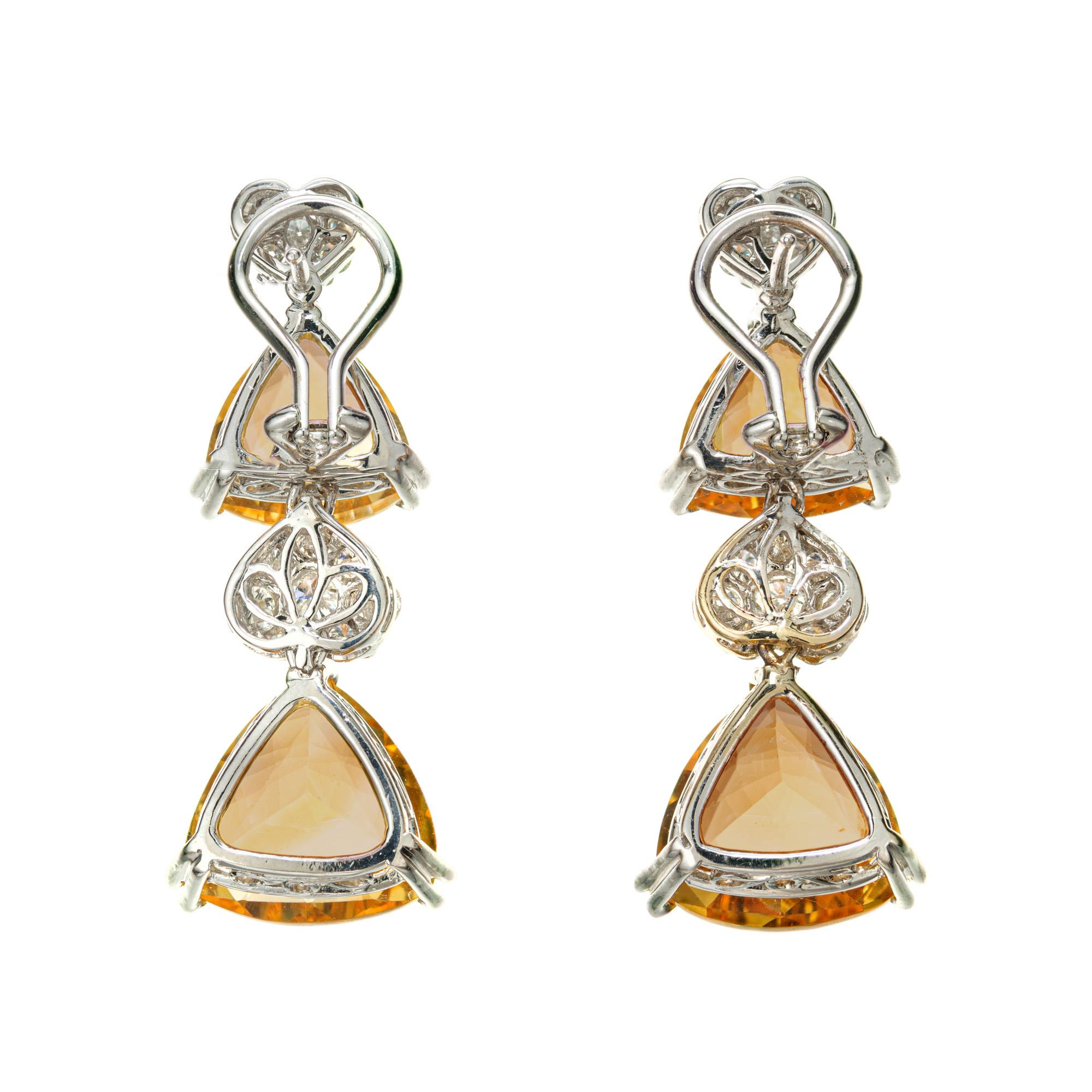 Round Cut 18.00 Carat Yellow Citrine Diamond Gold Dangle Clip Post Earrings For Sale