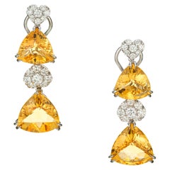 Vintage 18.00 Carat Yellow Citrine Diamond Gold Dangle Clip Post Earrings