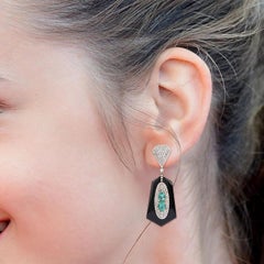 18.00 Carats Diamond, Emerald, and Black Onyx Drop Earrings in Art-Deco Style