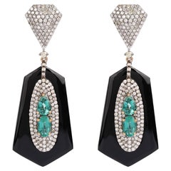 Boucles d'oreilles en goutte de style Art déco en diamants, émeraudes et onyx noir