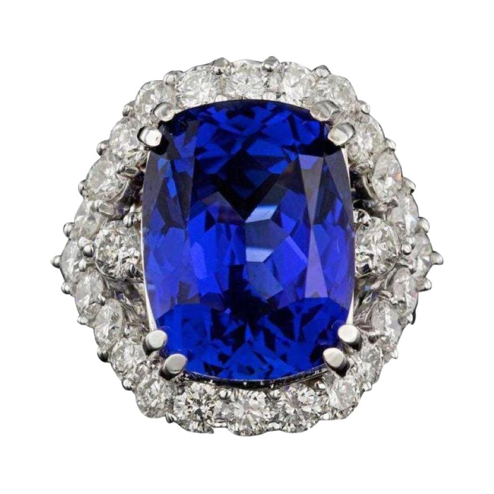 18.00 Carats Natural Tanzanite and Diamond 18k Solid White Gold Ring