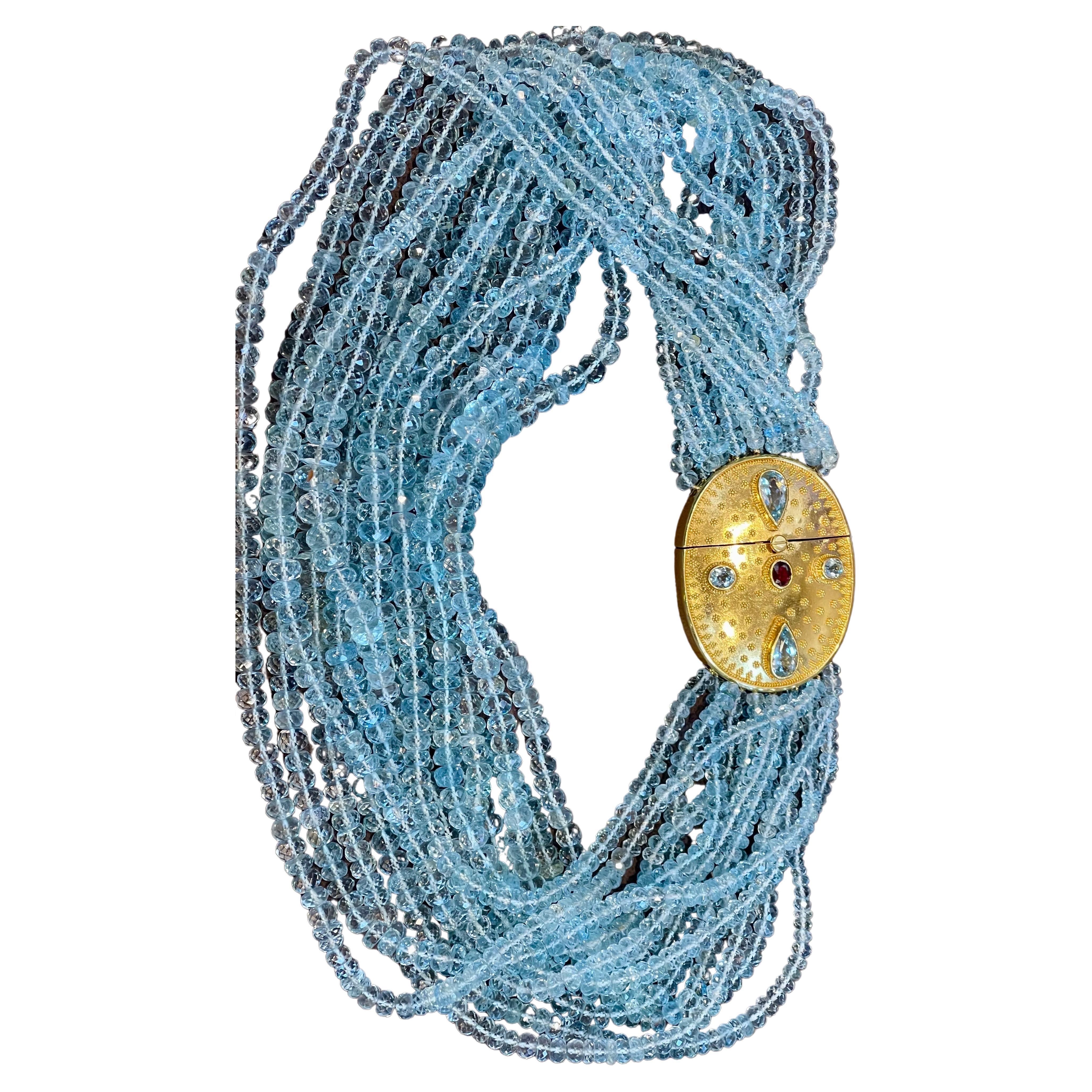 1800 Ct 7 Layer Natural Aquamarine Bead Necklace 18/22 Kt Gold Designer Necklace