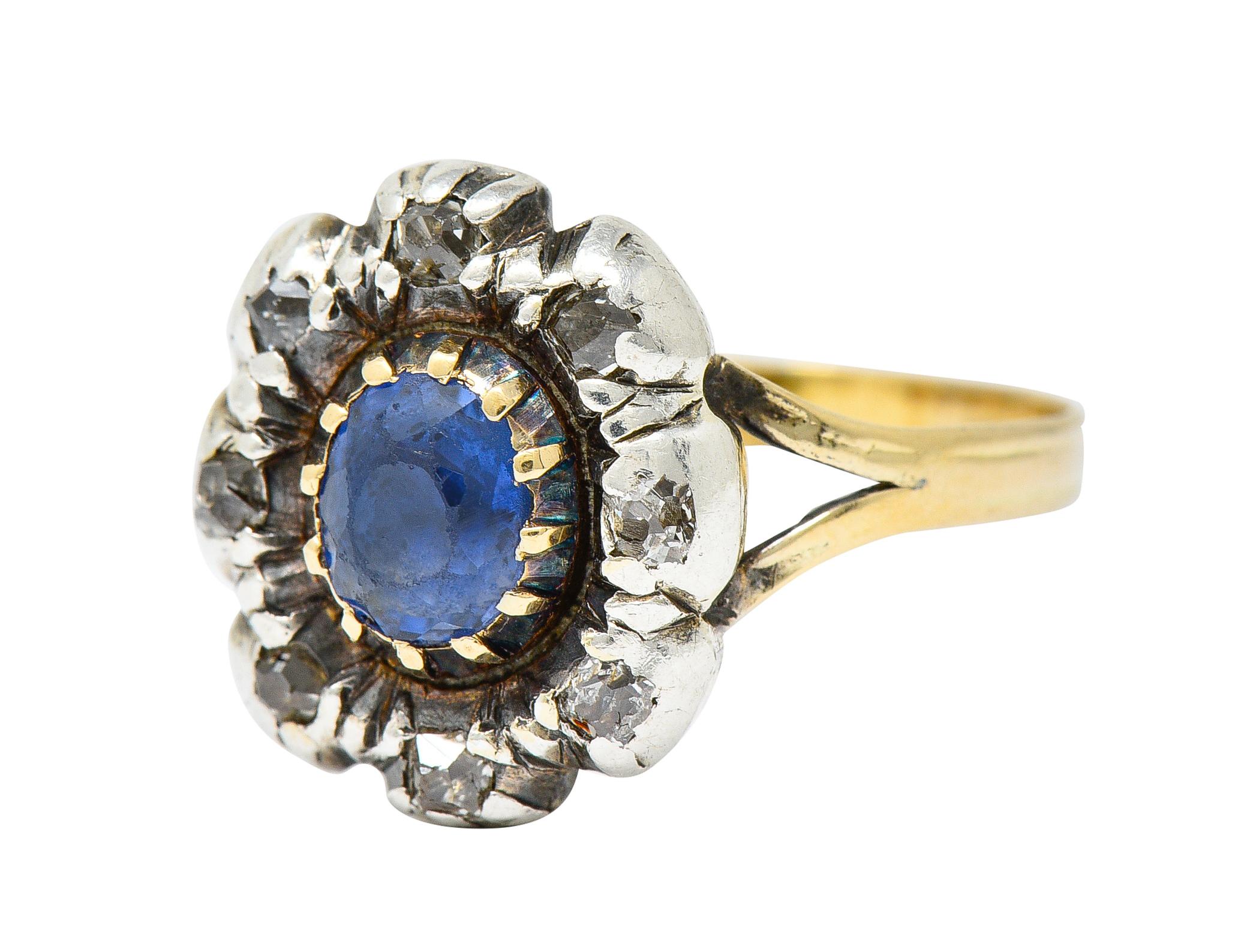1800 Georgian 1.30 Carats Sapphire Diamond Silver-Topped 14 Karat Gold Floral Cl In Excellent Condition In Philadelphia, PA