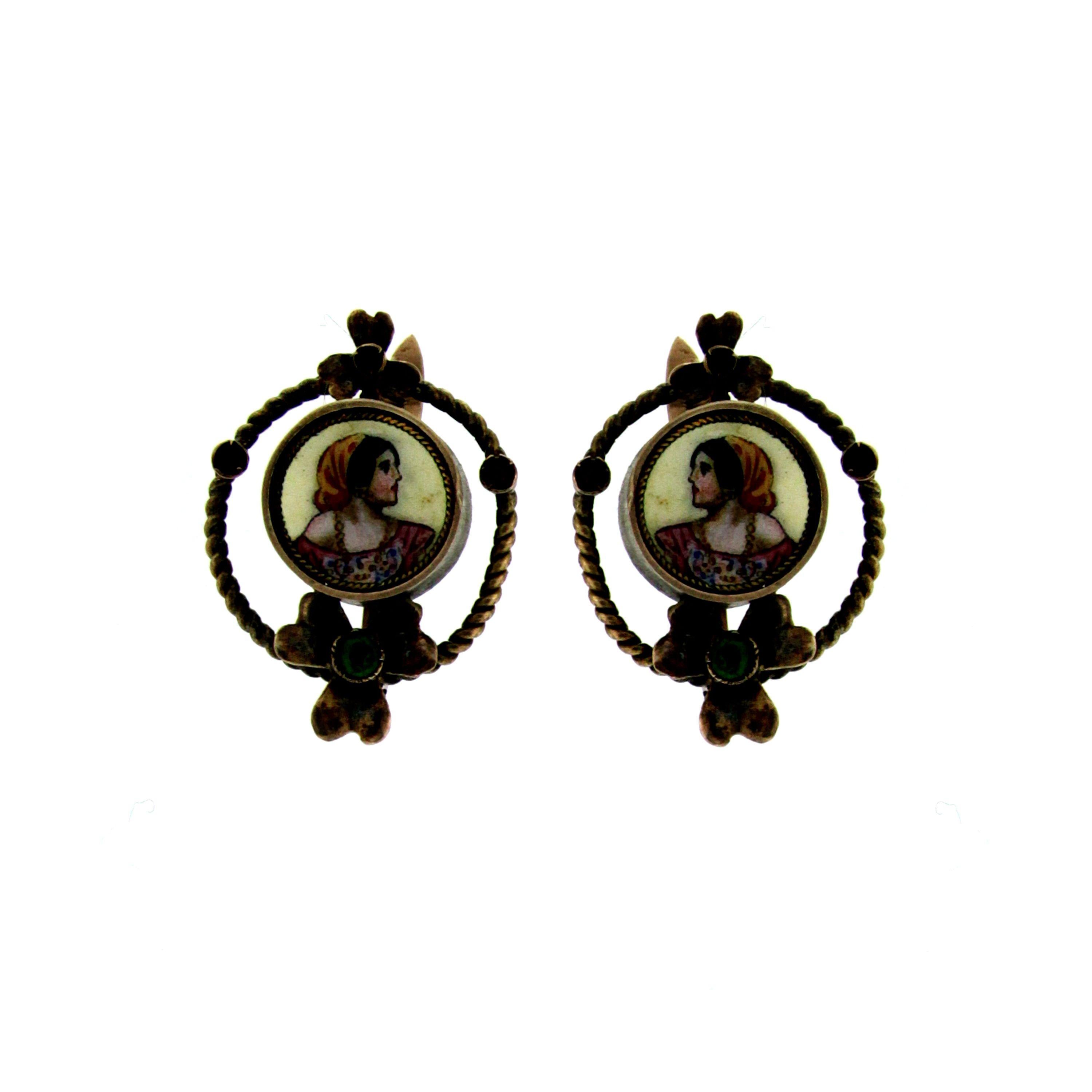 1800 Gold Earrings with Enamel Miniatures