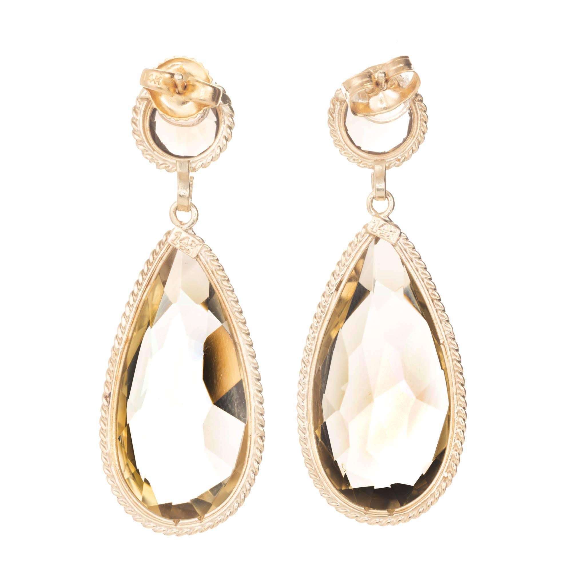 Women's 18.00 Pear Round Smoky Quartz Gold Dangle Earrings For Sale