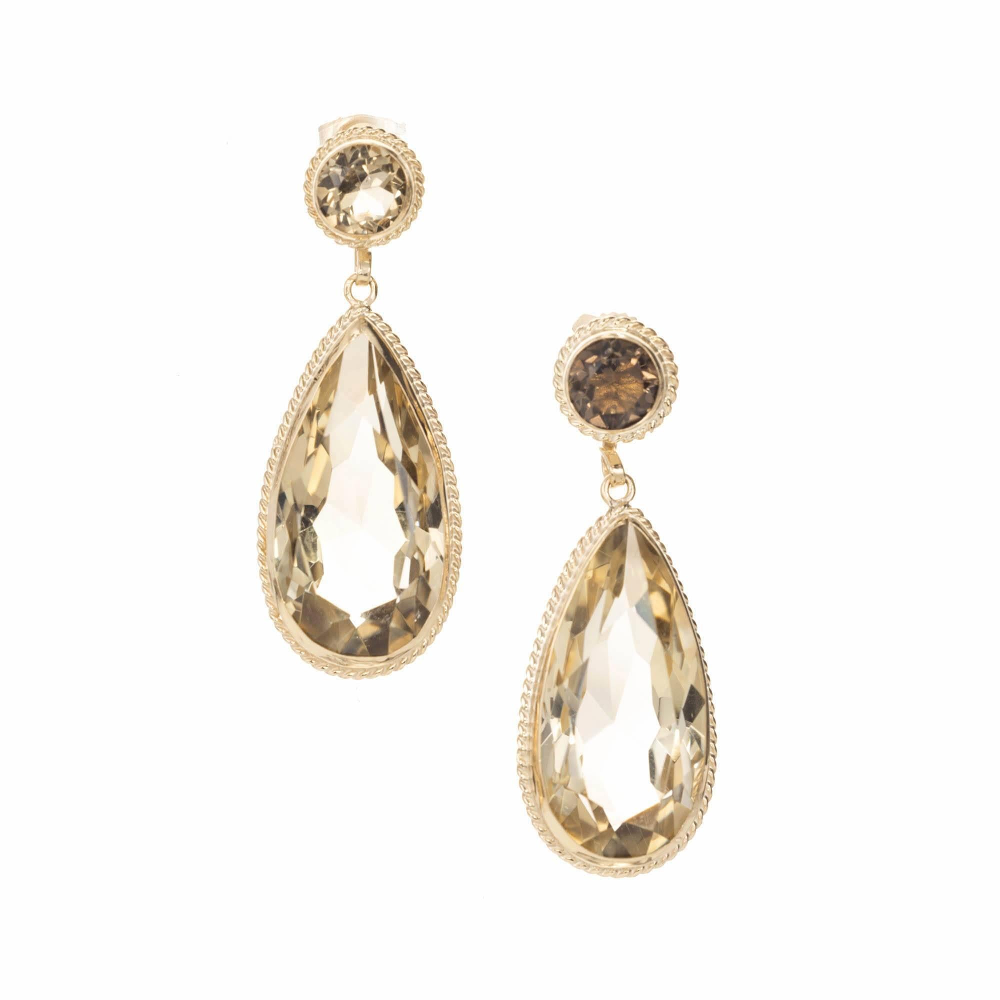 18.00 Pear Round Smoky Quartz Gold Dangle Earrings For Sale