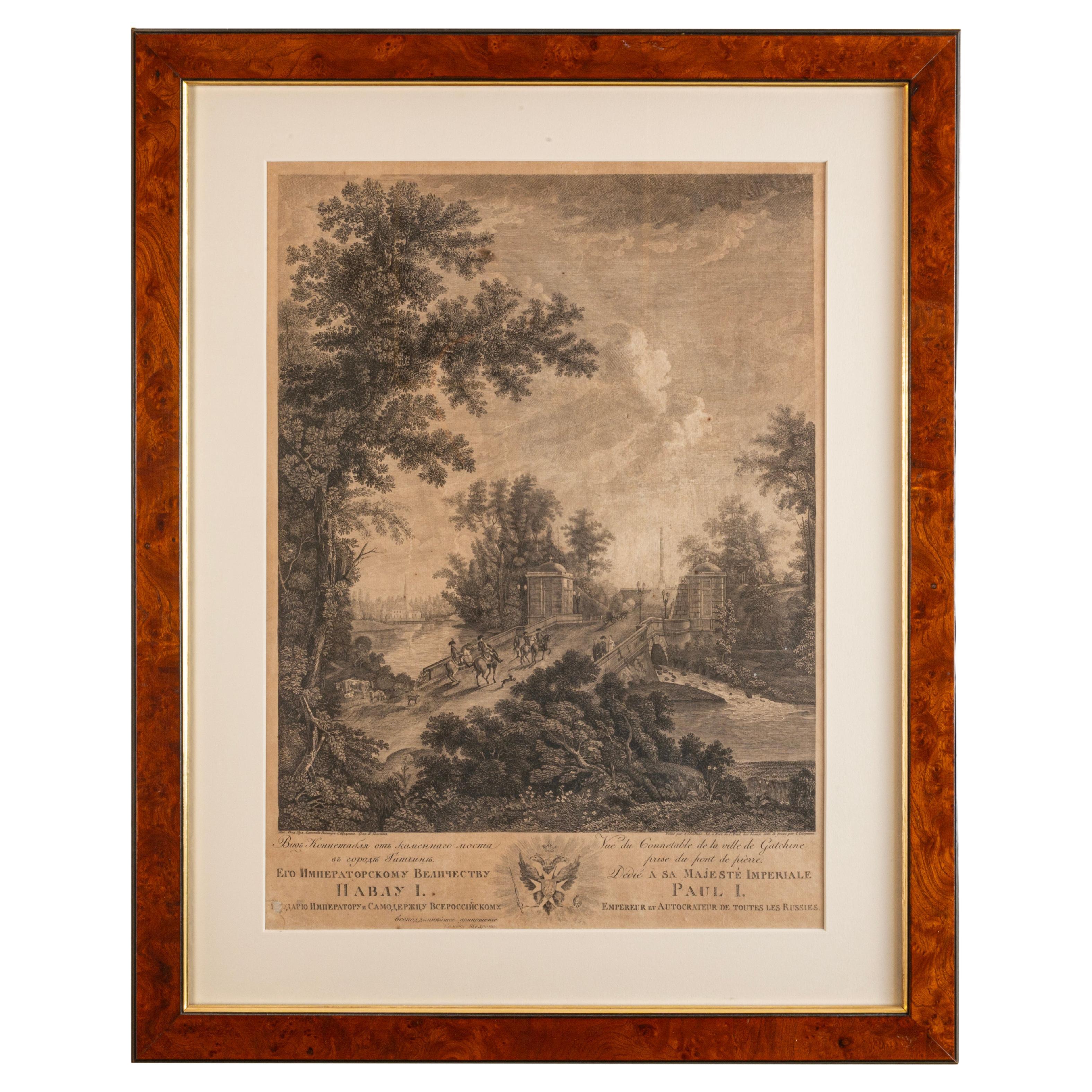 1800 Russian Imperial-era Paul I View of the Town of Gatchina Engraving For Sale