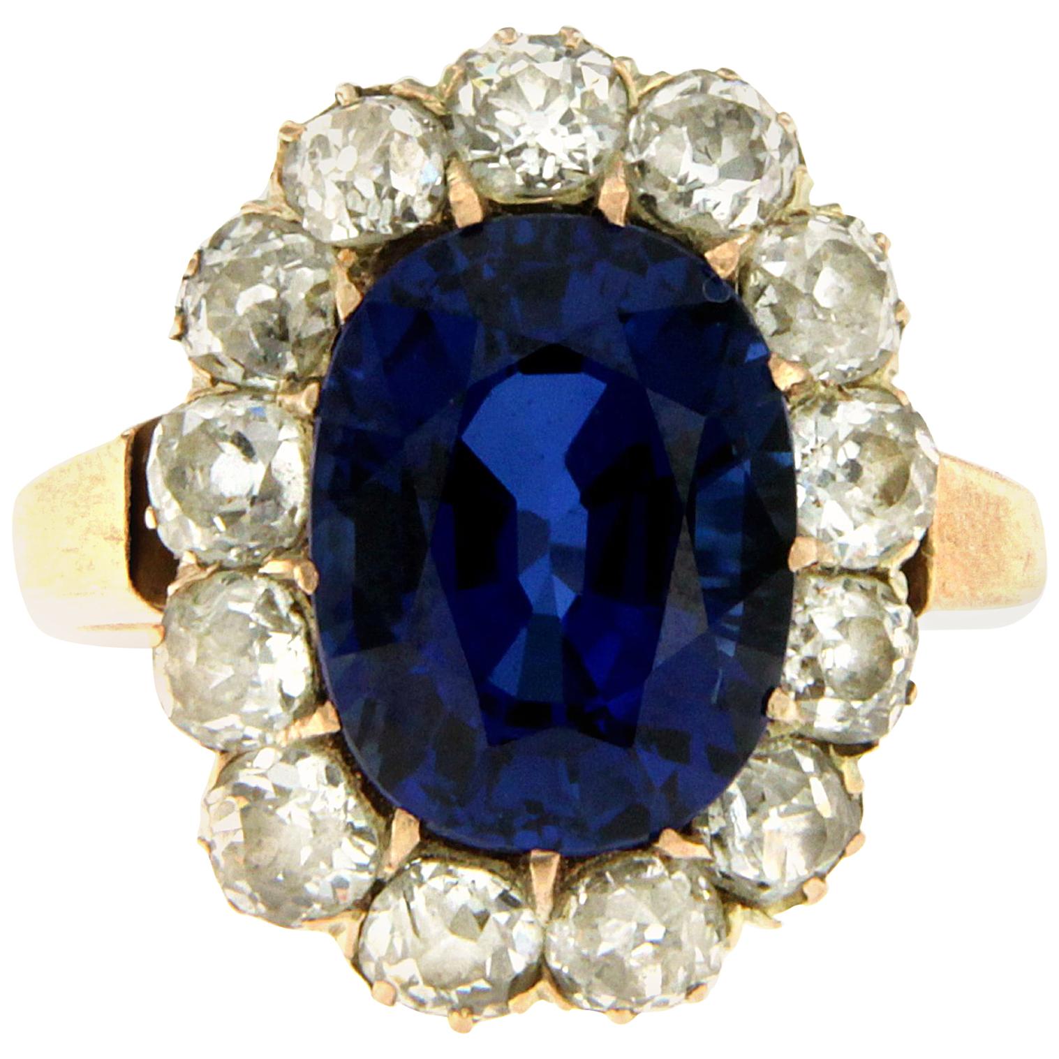 1800 Sapphire Diamond Gold Cluster Ring