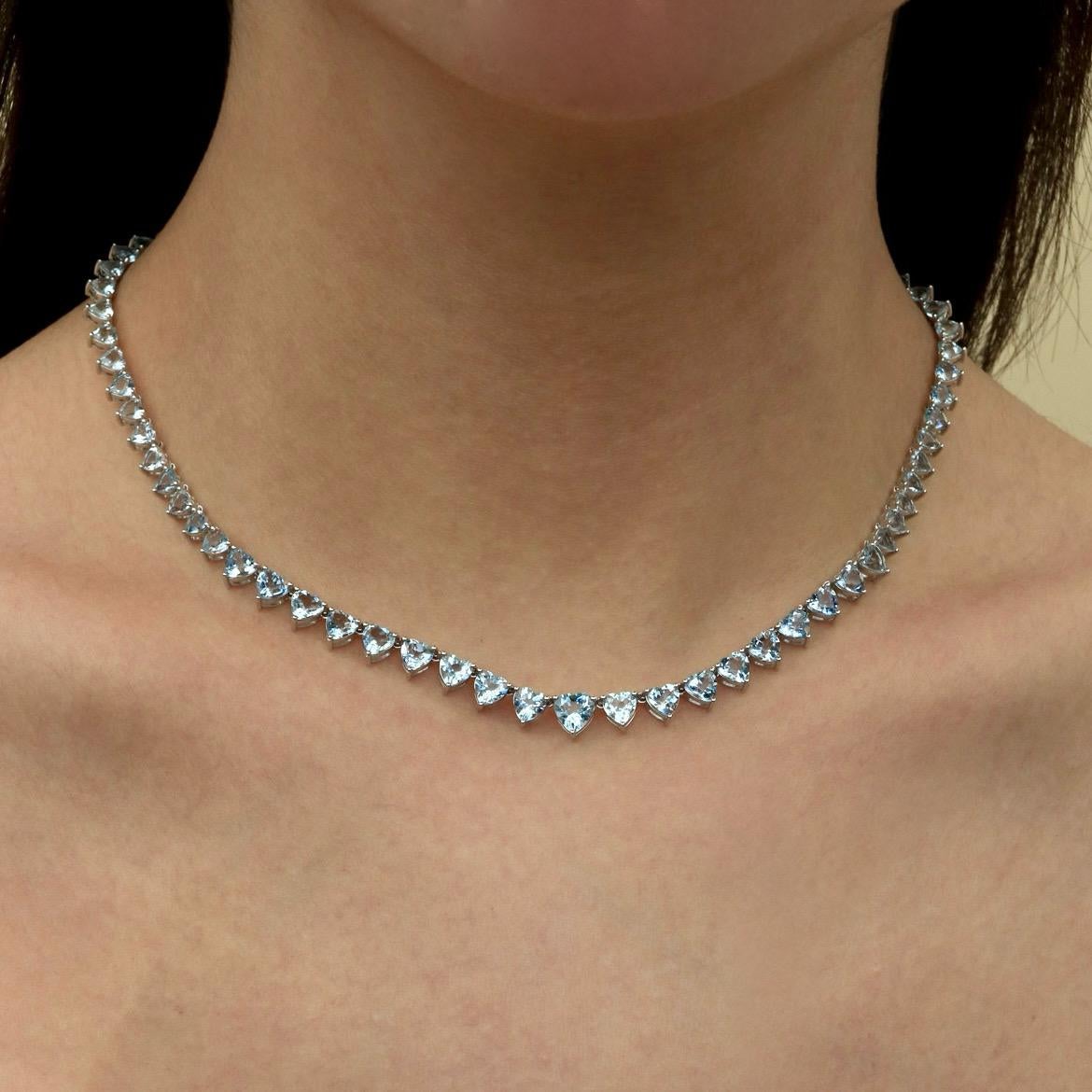 Contemporary Heart Aquamarine Riviera Graduated Tennis Necklace in White Gold