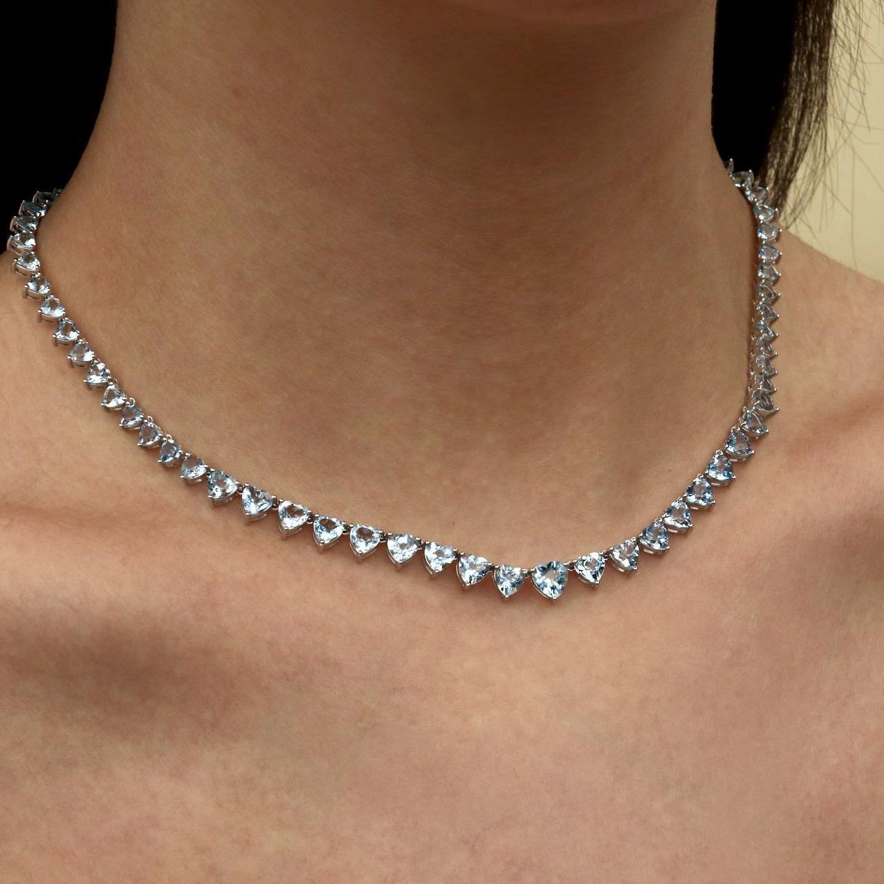 Women's Heart Aquamarine Riviera Graduated Tennis Necklace in White Gold
