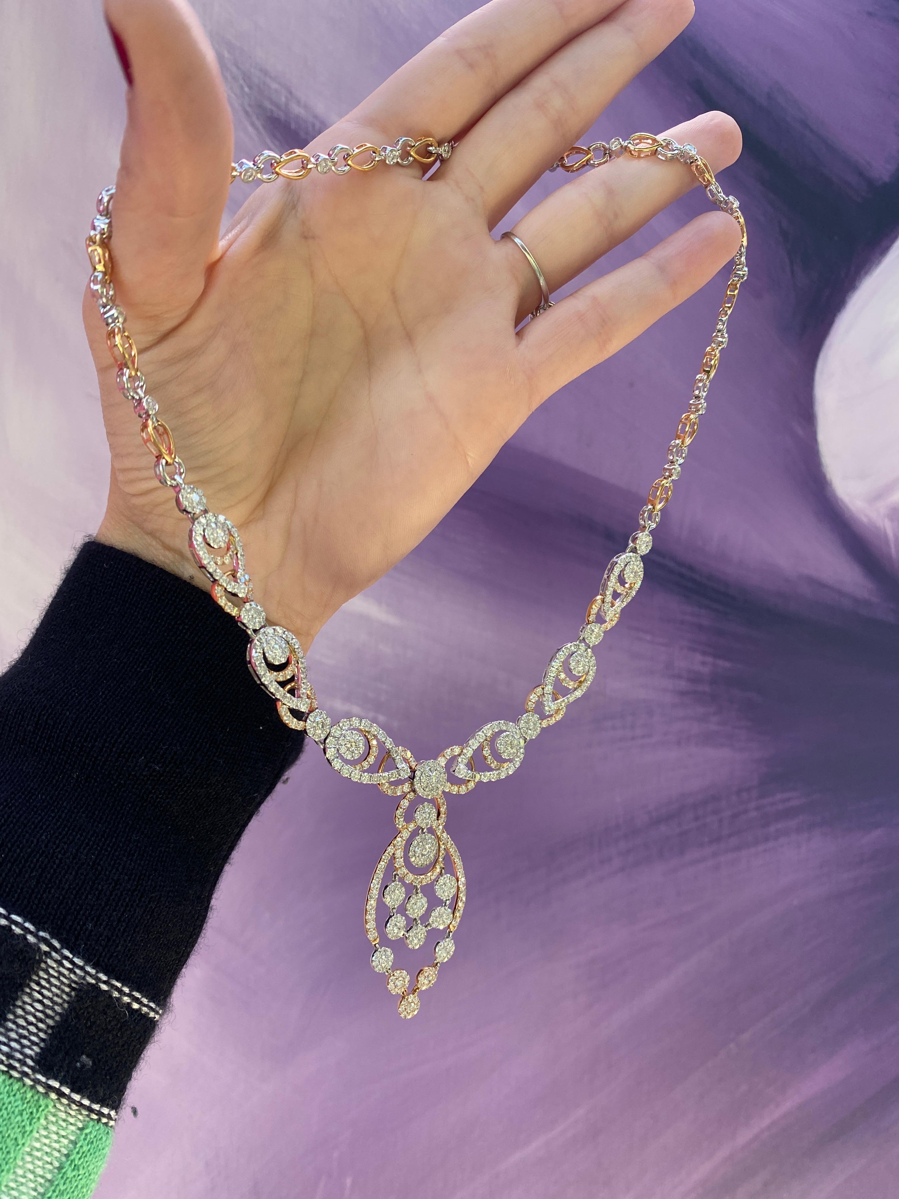 Round Cut 18.00ctw Pave Set Round Diamonds 18k White & Rose Gold Swirl Pendant Necklace For Sale