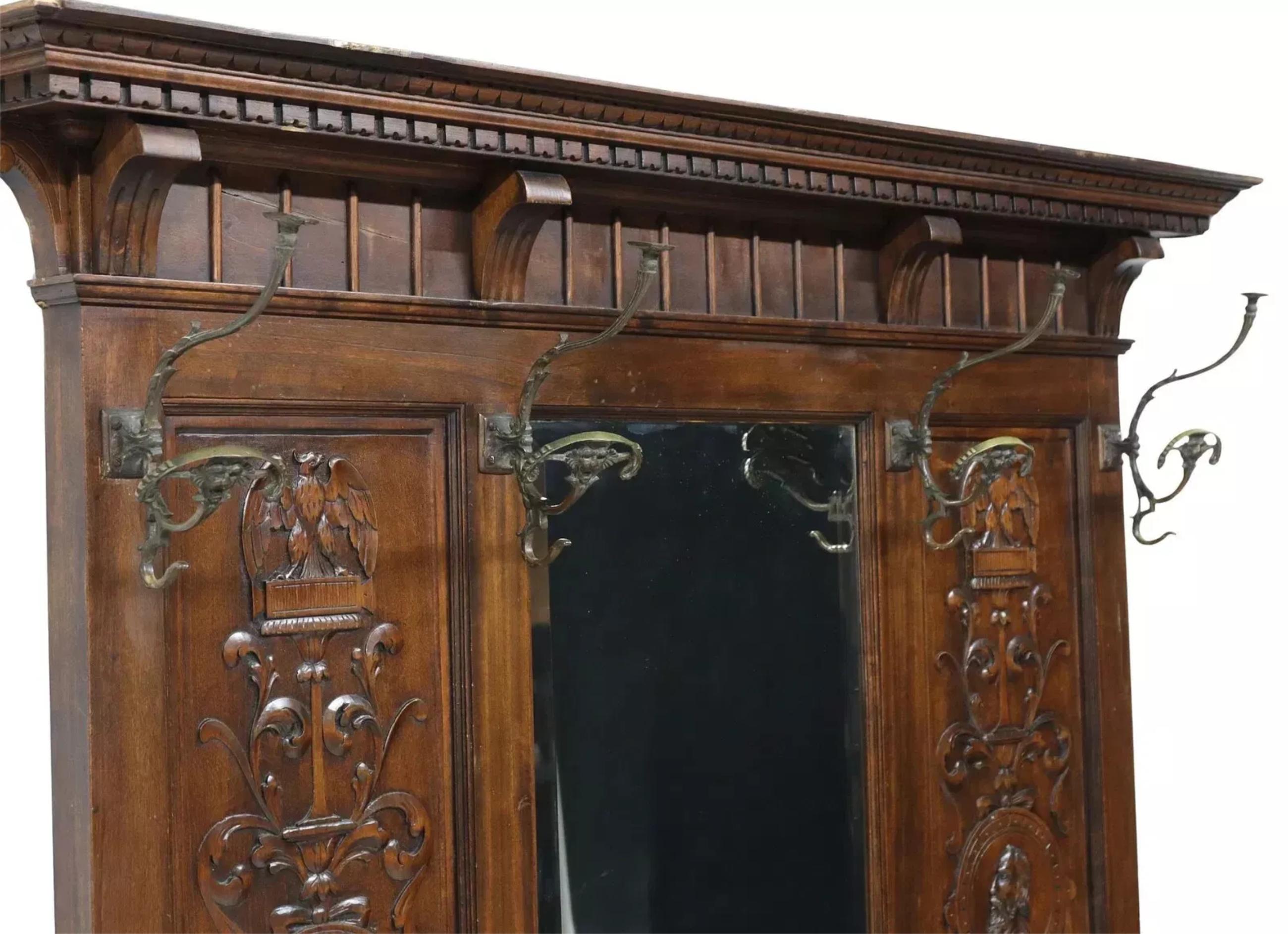 19th Century 1800's, 19th C. Antique Italian Renaissance Revival, Carved, Walnut Hall Tree!