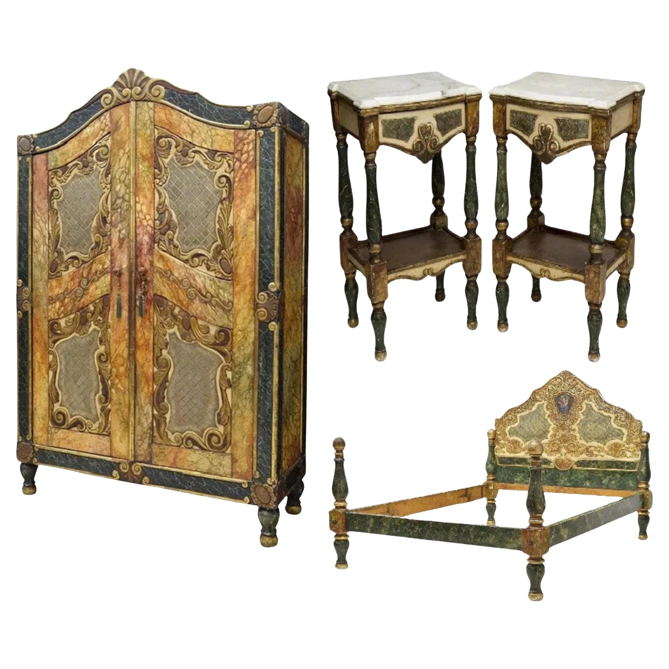 1800s, 19th C. Antique Polychrome Marbelized Spanish Bedroom Set, Set of 4!