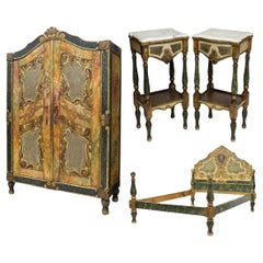 1800s, 19th C. Antique Polychrome Marbelized Spanish Bedroom Set, Set of 4!