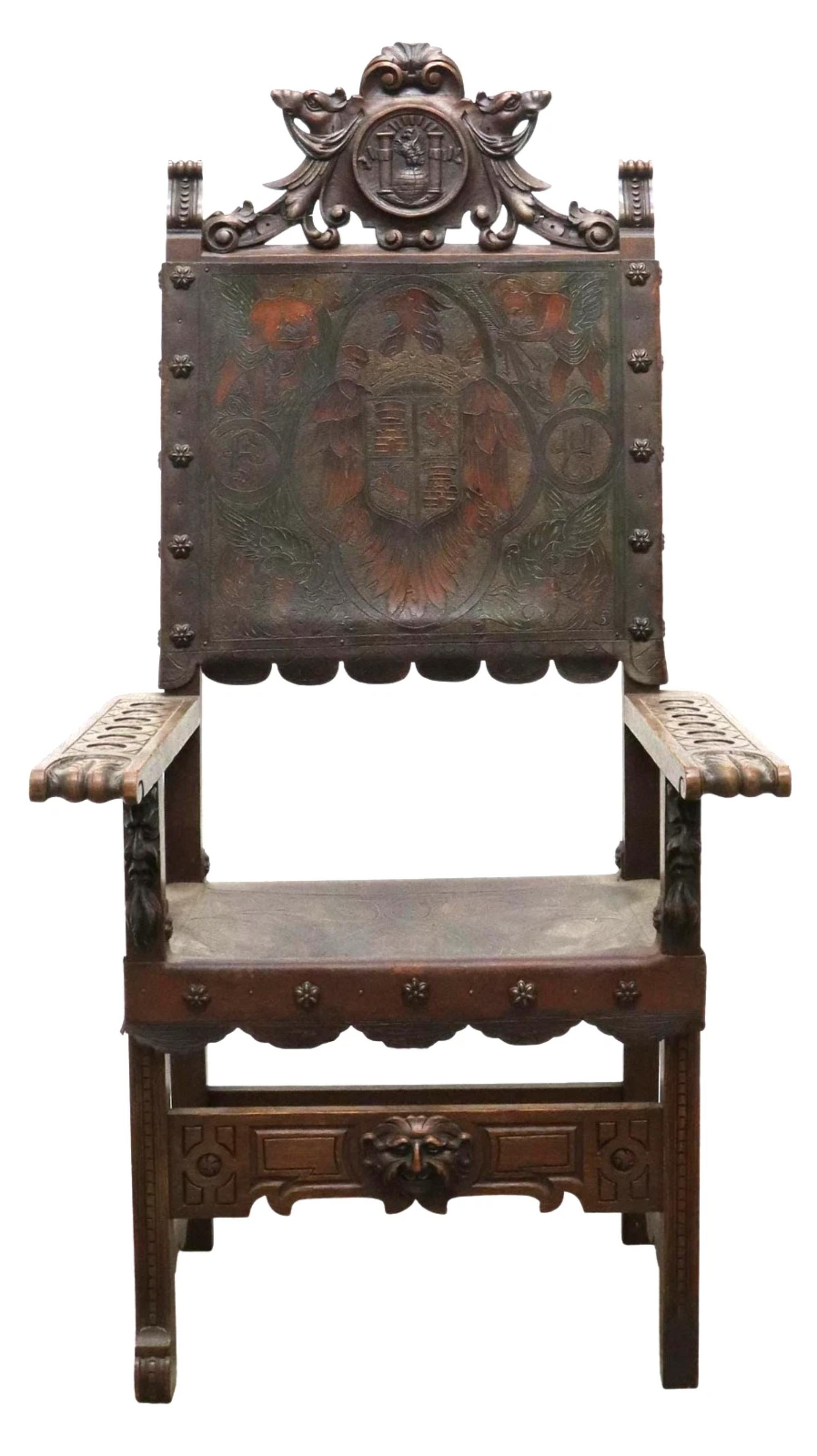 1800's, S. XIX Antiguo estilo barroco español, heráldico, Trono de roble ¡¡¡Silla!!!

Esta antigua silla de trono de estilo barroco español del siglo XIX es un mueble único y elegante. Hecha de roble con intrincadas tallas, esta silla totalmente