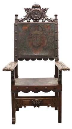 1800's, 19th C. Antique Spanish Baroque Style, Heraldic, Oak Throne Chair!!