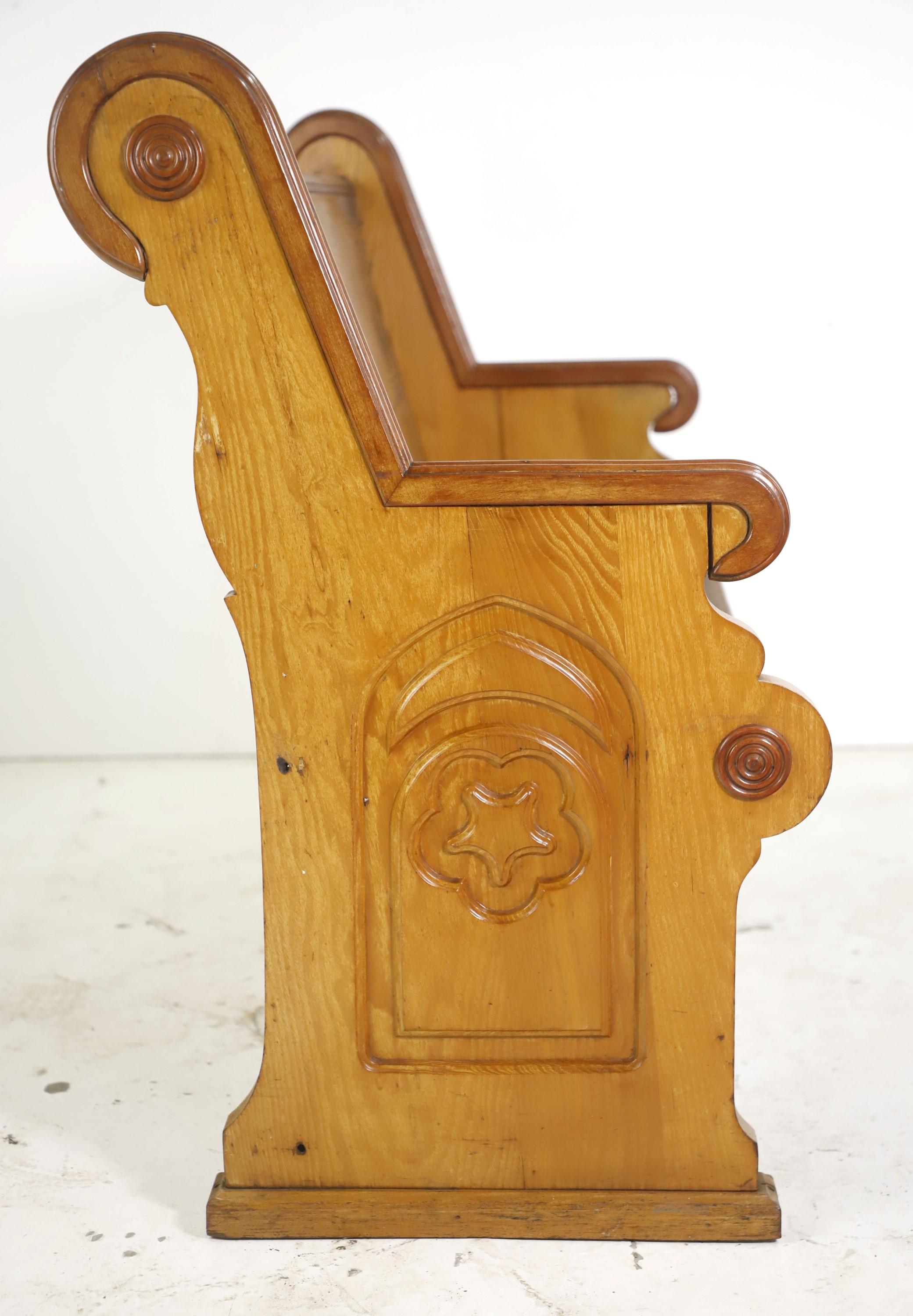 American 1800s Oak Church Pew Hand Carved Design Light Stain